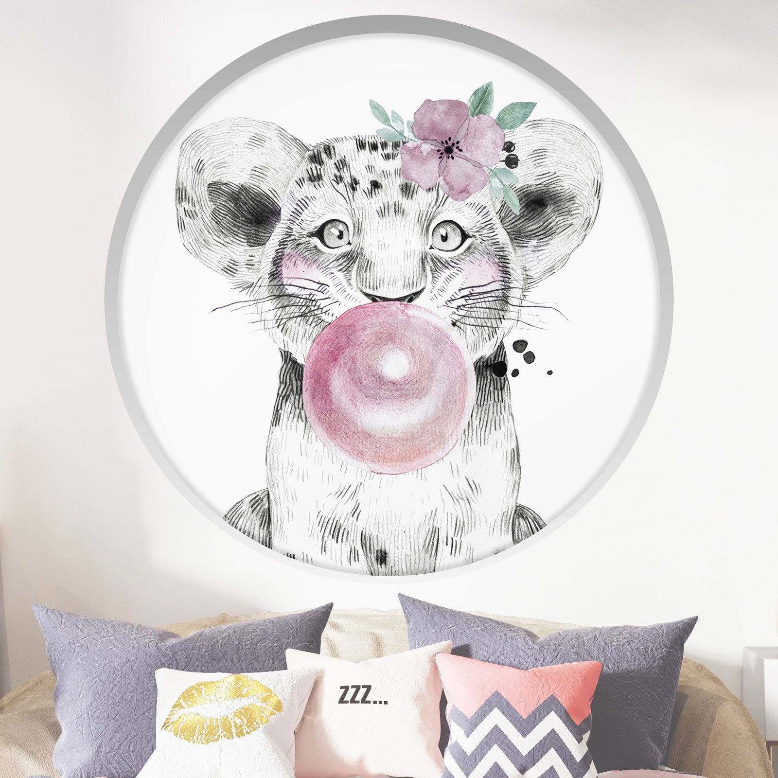 Stickers mural trompe l'oeil Arche rond enfants - Lionceau bulle - Diamètre 60 cm - 2