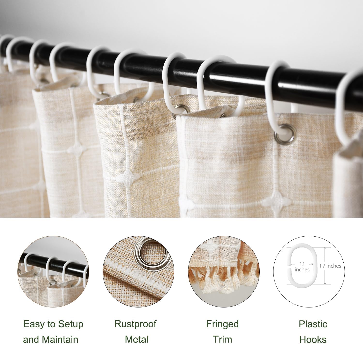 Rideau de Douche Bohème à Carreaux 90x180 cm – Lin et Polyester, Pompons Décoratifs, 12 Crochets Offerts - 5
