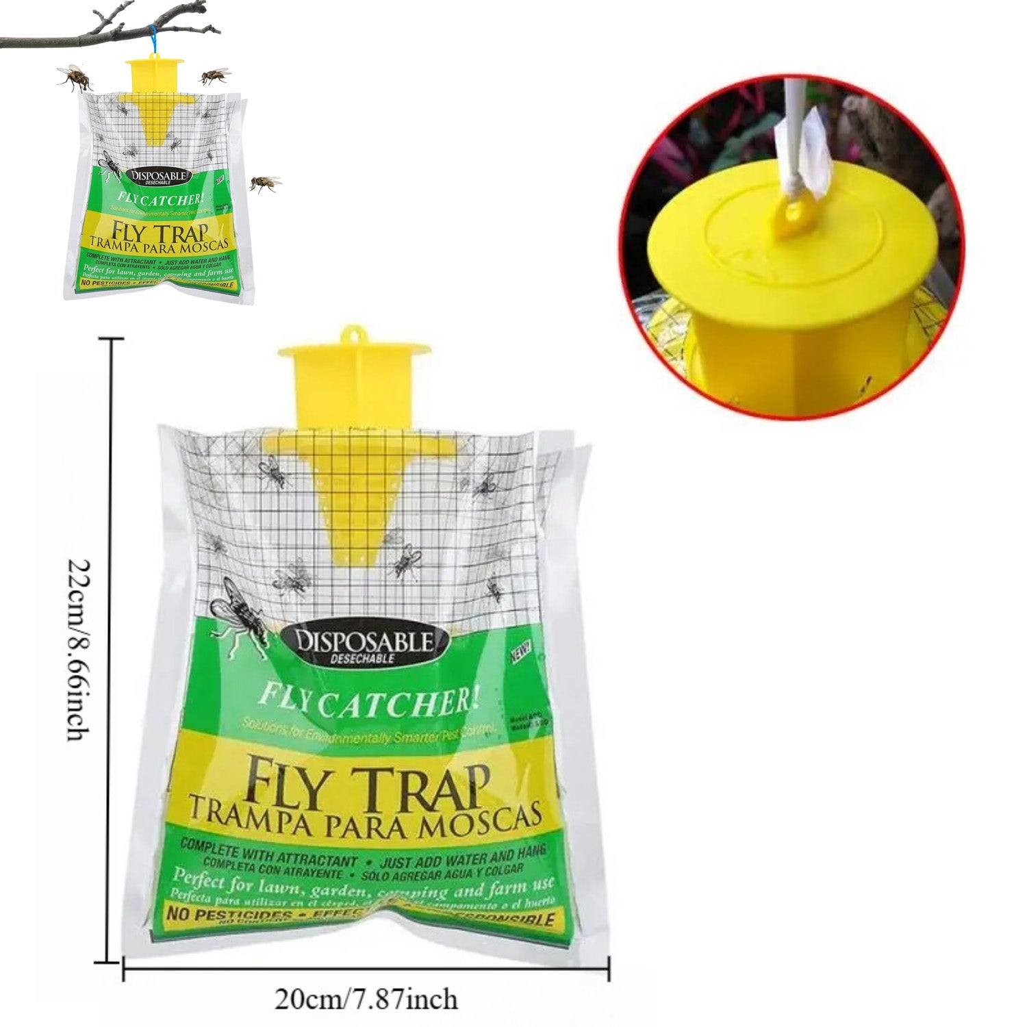 Lote de 6 bolsas colgantes contra moscas, 22 x 20 cm, trampas colgantes contra moscas para exteriores - 2