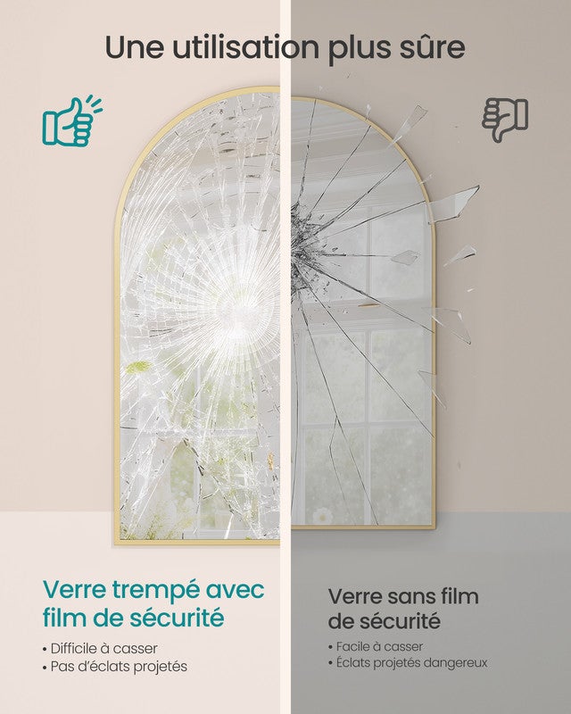 Miroir Salle de Bain, Miroir Mural Arqué, Cadre en Aluminium, 91 x 61 cm, avec Film de Sécurité, Montage Facile, pour Salon, Chambre, Doré Clair - 3