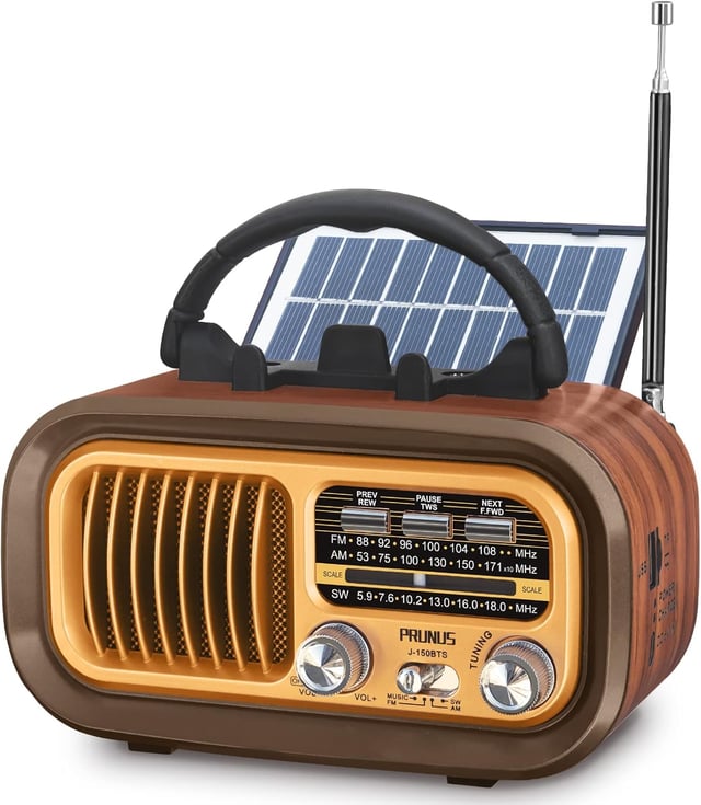 Poste Radio Vintage, J-150 AM/FM/SW Radio Portable Rechargeable avec Batterie 1200mAh et Piles D, Transistor Radio Bluetooth avec Panneau Solaire