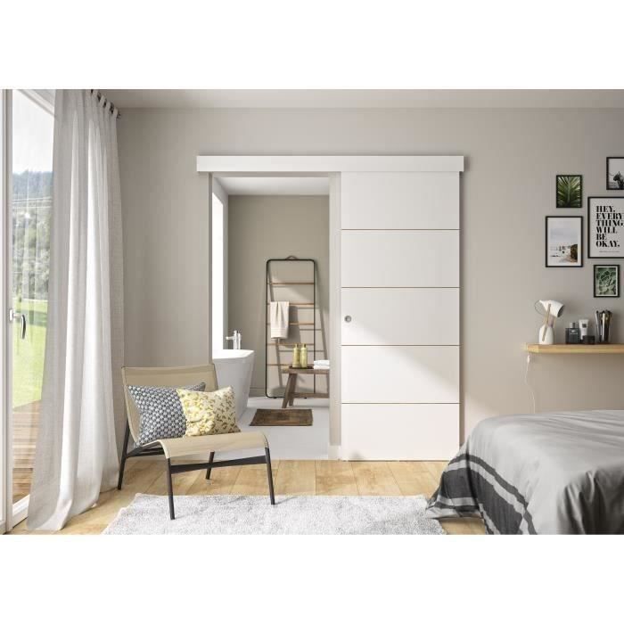 Kit porte coulissante 4 lignes - blanc lignée - + rail 2 amortisseurs + cache rail blanc - H 204 cm x L 83 cm - 6
