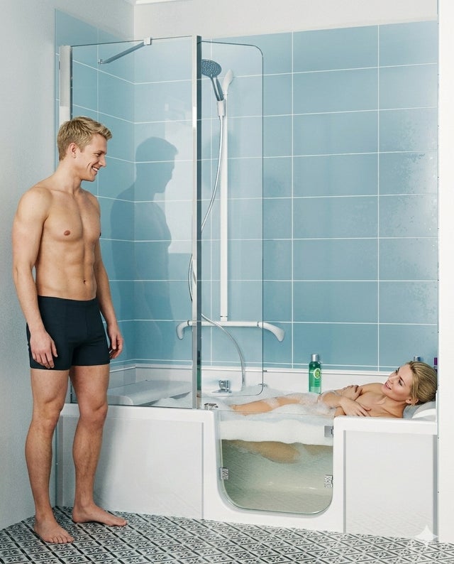 Baignoire à porte KINEDO 160x75 Duo SERENITE PLUS pose en niche espace bain à droite espace douche à gauche (livré avec tablier verre blanc)