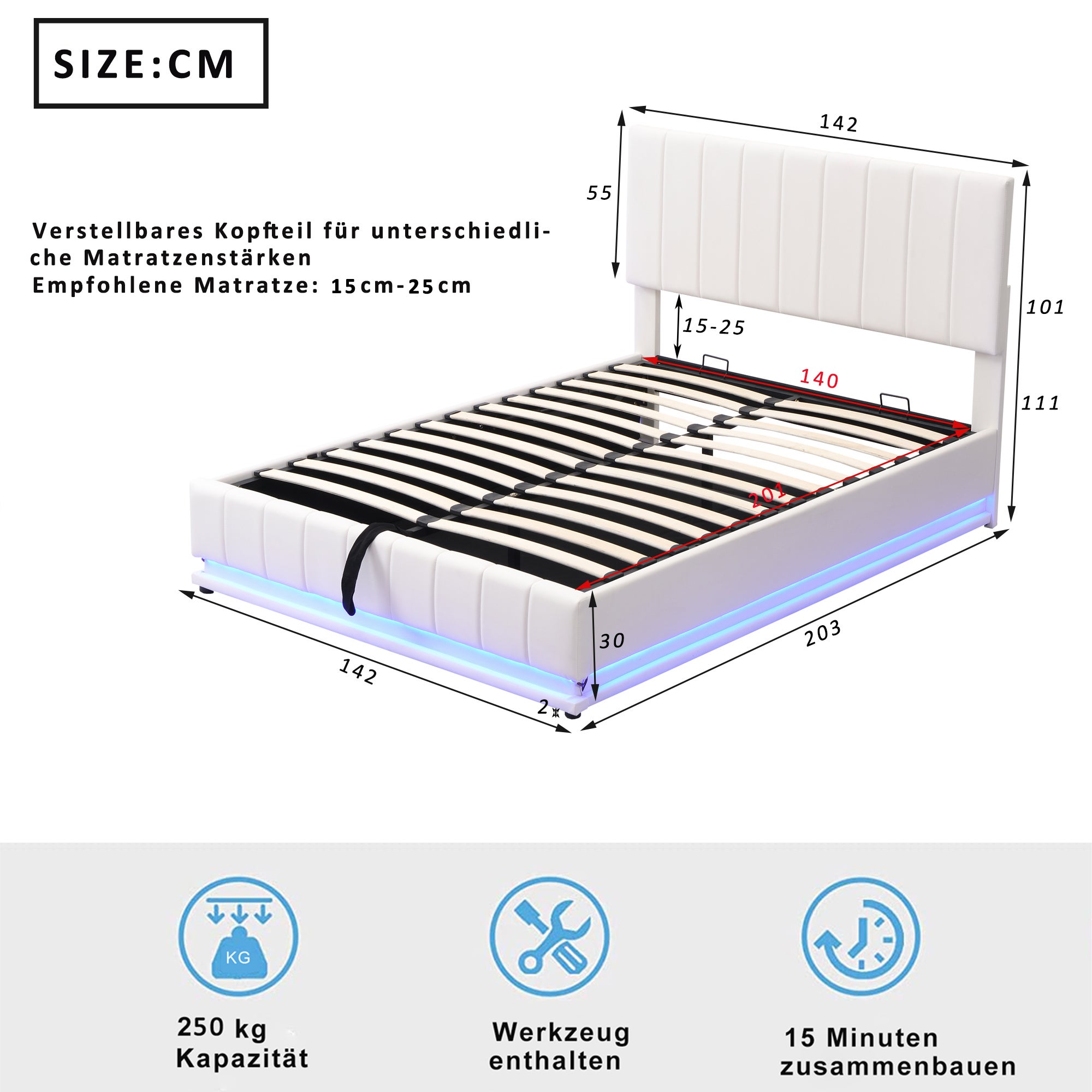 Łóżko z ekoskóry z LED + stelaż na listwy + regulowane wezgłowie - 140x200cm - Białe - 6
