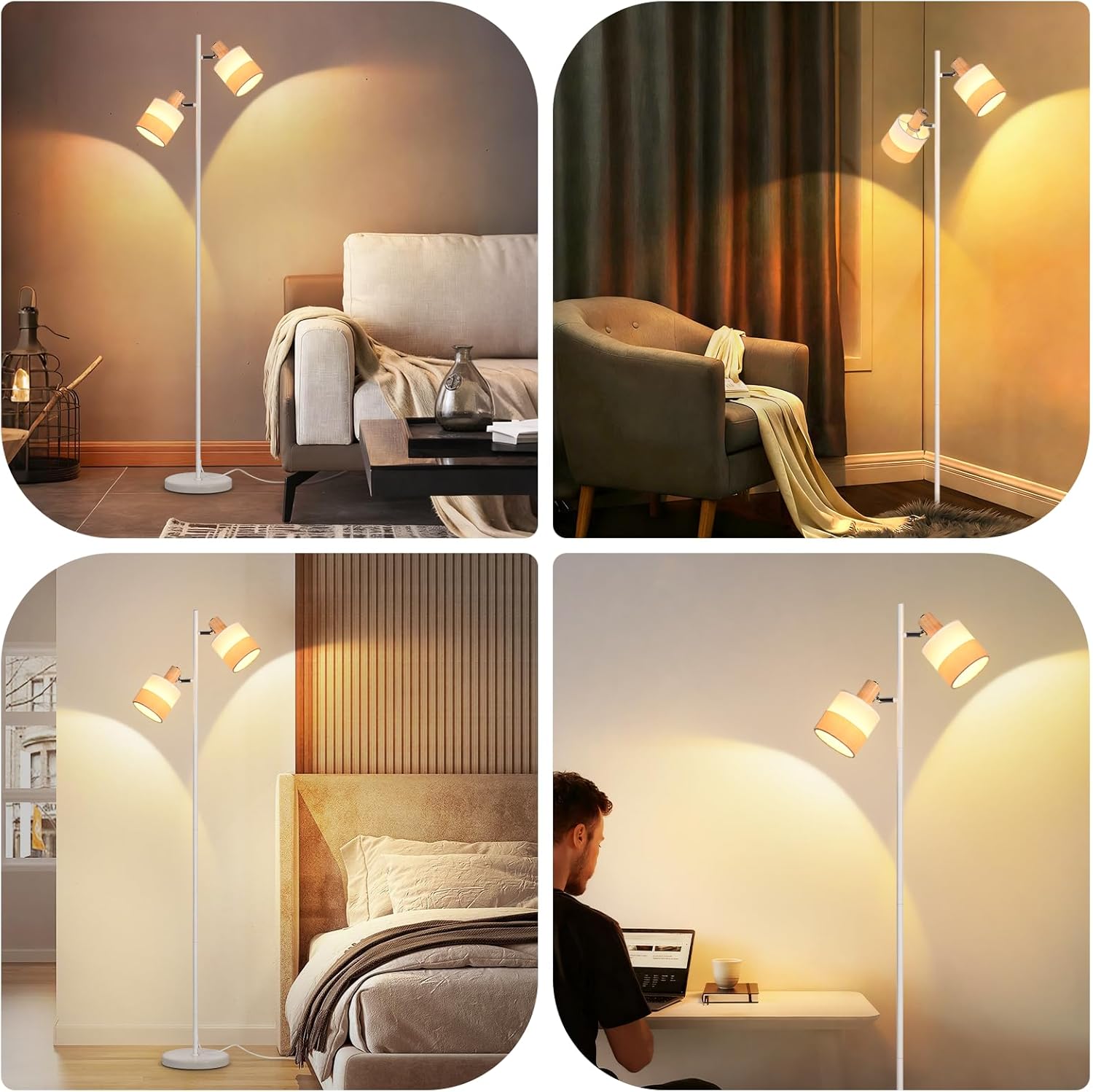 Lampa podłogowa Nettlife Vintage z drewna, 2xE14, styl retro, klosz z materiału, obrotowa, przełącznik nożny, salon/sypialnia - 8