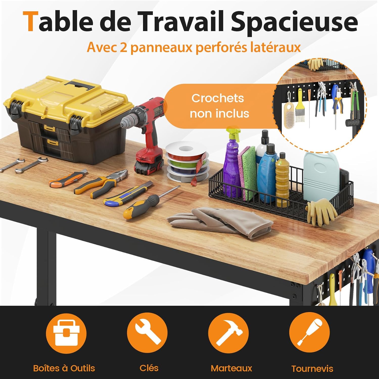 Établi de Travail Bricolage pour Atelier Garage, Hauteur Réglable 74-104cm, Table de Travail à roulettes Verrouillables - 4