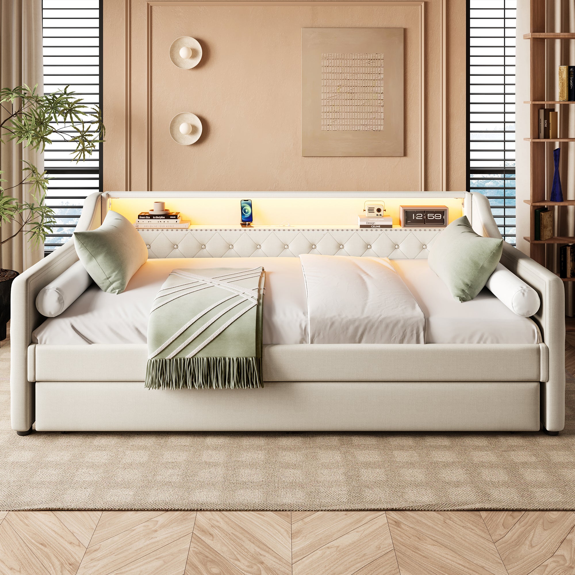 Sofa rozkładana 90 x 200 cm - z oświetleniem LED - z wysuwanym łóżkiem - z USB - pościel - z podstawą - kolor beżowy - 3