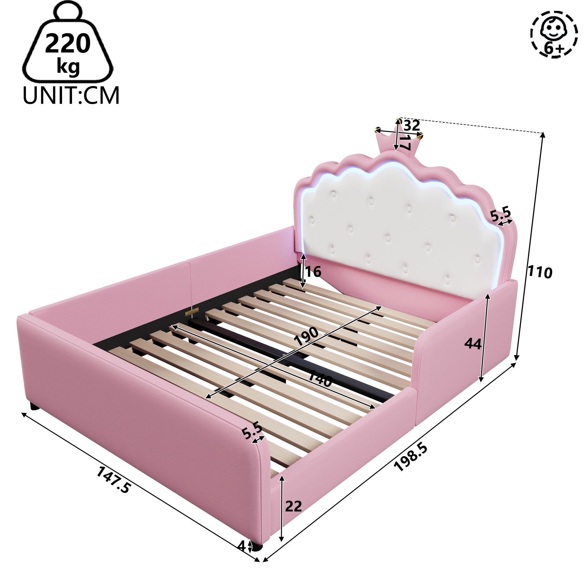 Lit enfant 140×190 cm avec lumière LED, Lit double rembourré,avec tête de lit princesse en forme de couronne, Tissu PU,Rose(matelas non inclus) - 5