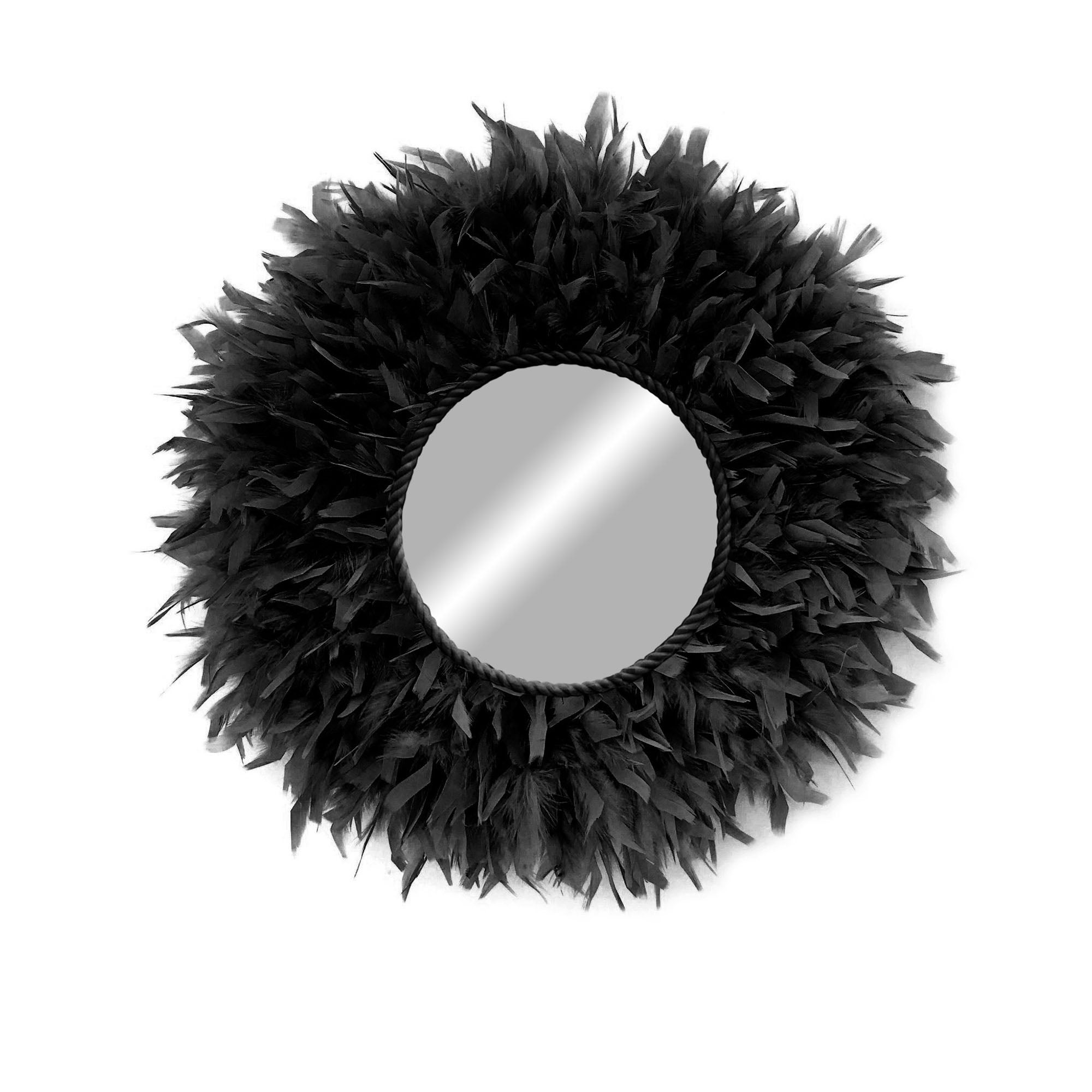 Espejo decorativo redondo con plumas naturales estilo boho - mirror feathers negro 90cm