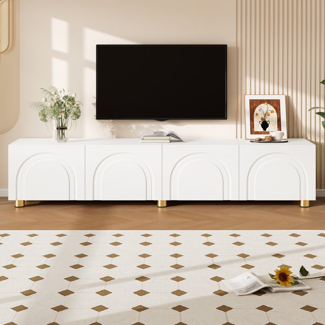 Stojak pod telewizor z 4 drzwiami o łukowym wzorze 3D - 180 x 35 x 40 cm - Płyta wiórowa i MDF - Nogi metalowe - Kolor biały