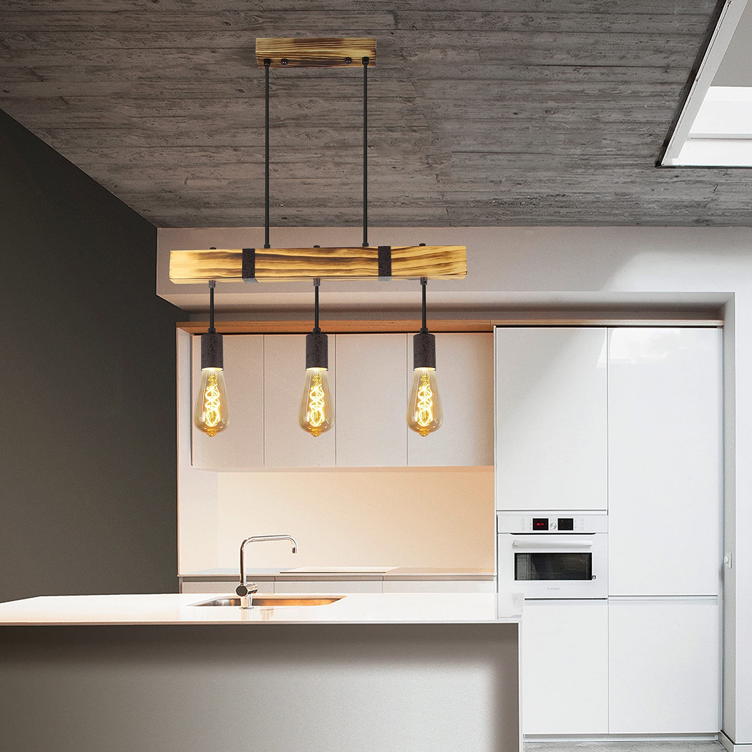 ZMH Suspension Vintage en bois avec poutre d'un diamètre de 61 cm 3 douilles E27 hauteur réglable puissance - 8