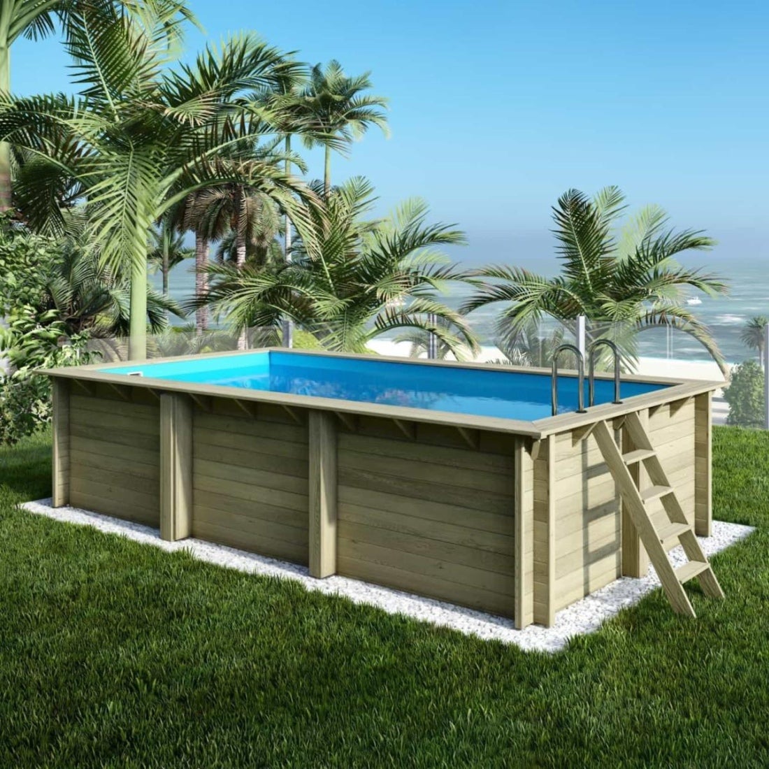 Piscină supraterană din lemn AQUA 6,1 x 2,85 – H. 1,31 m, albastru deschis, elemente de fixare pentru montare în beton – BAS7307OSPI