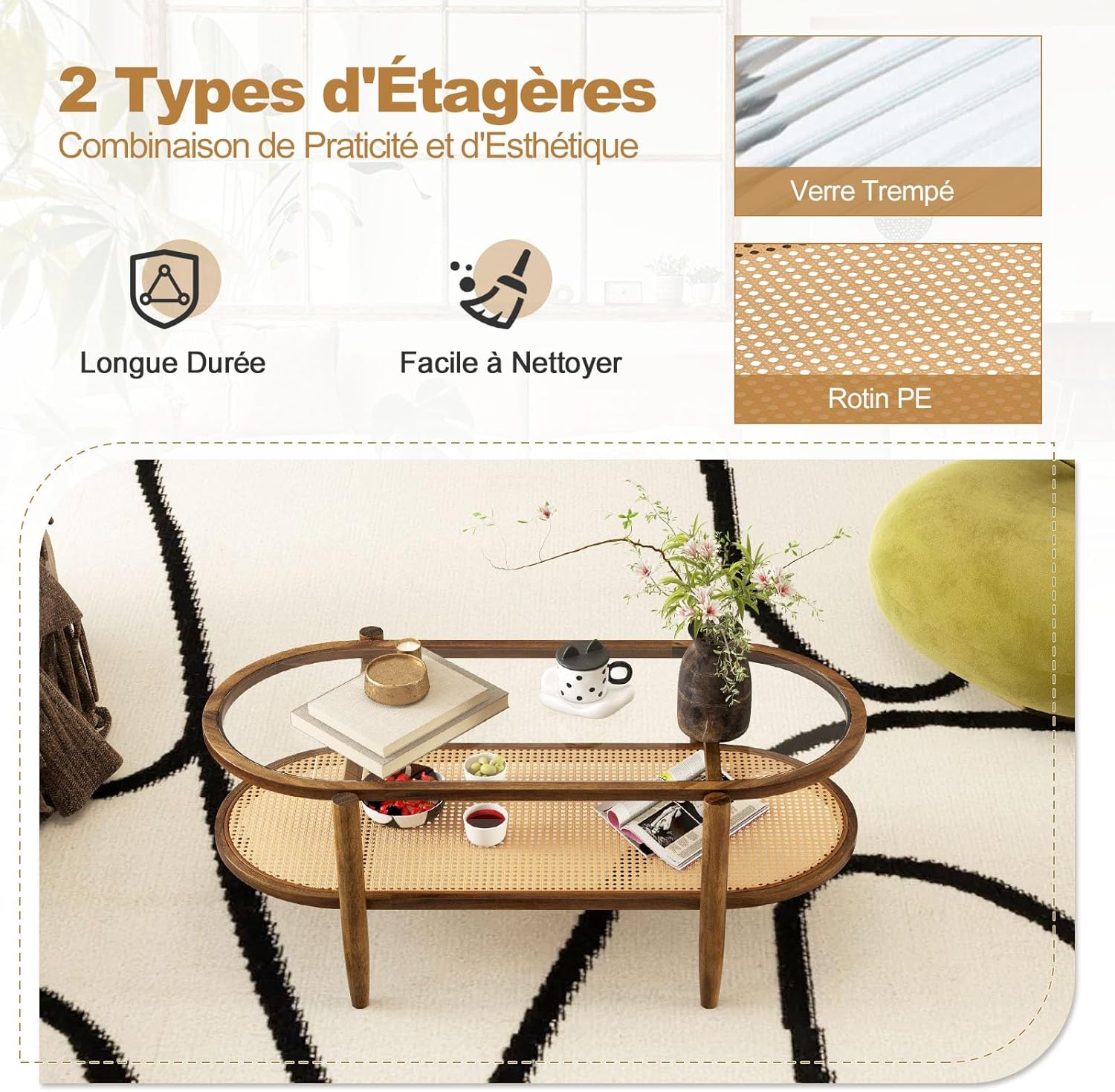 Table Basse Salon, Table Basse Verre Ovale Française Vintage avec Plateau Verre et Rotin, Cadre Bois Cintré, Charge 35+25KG 102x56x 47cm Brun - 3