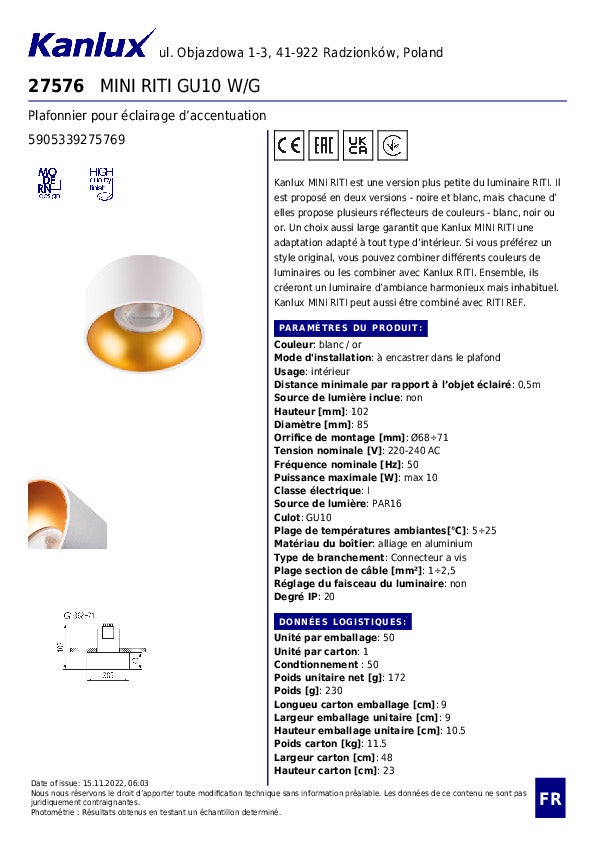 Plafonnier encastré MINI RITI – Blanc/Or – Aluminium – GU10 – Ø85mm - 8