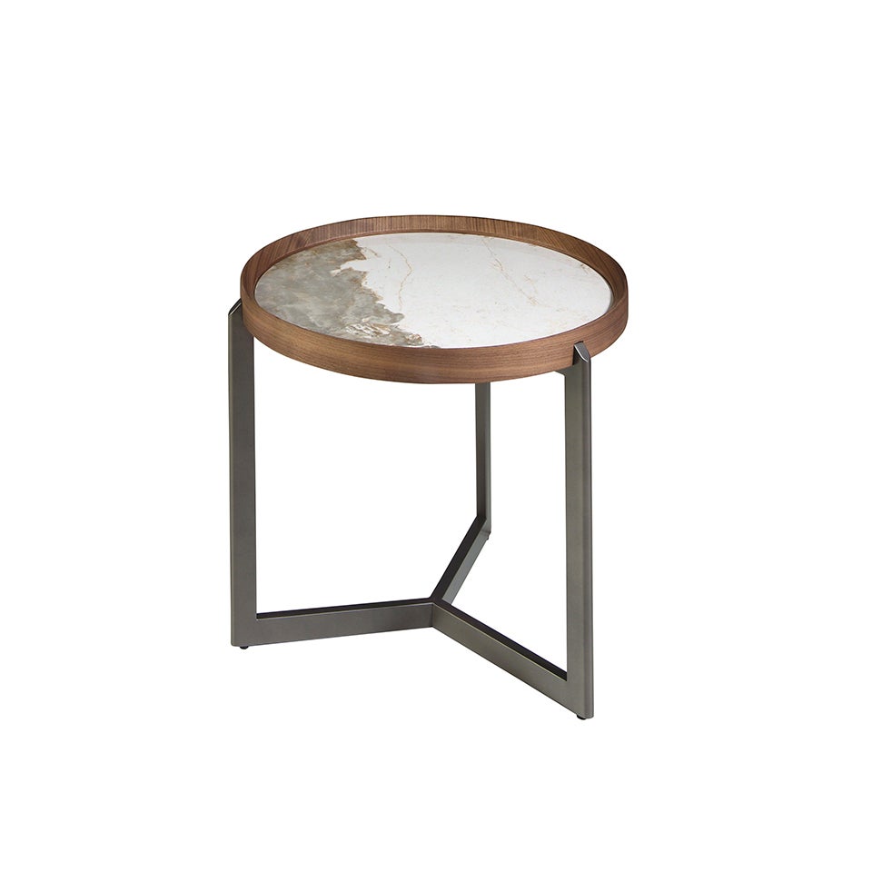 Okrągły stolik kawowy z porcelanowego marmuru, orzecha włoskiego i ciemnej metalicznej stali Ø62 x 56 cm