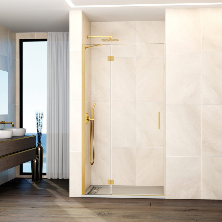Paravan frontal GLASS panou fix + ușă batantă închidere magnetică 85 cm (82-85; 20+65) auriu