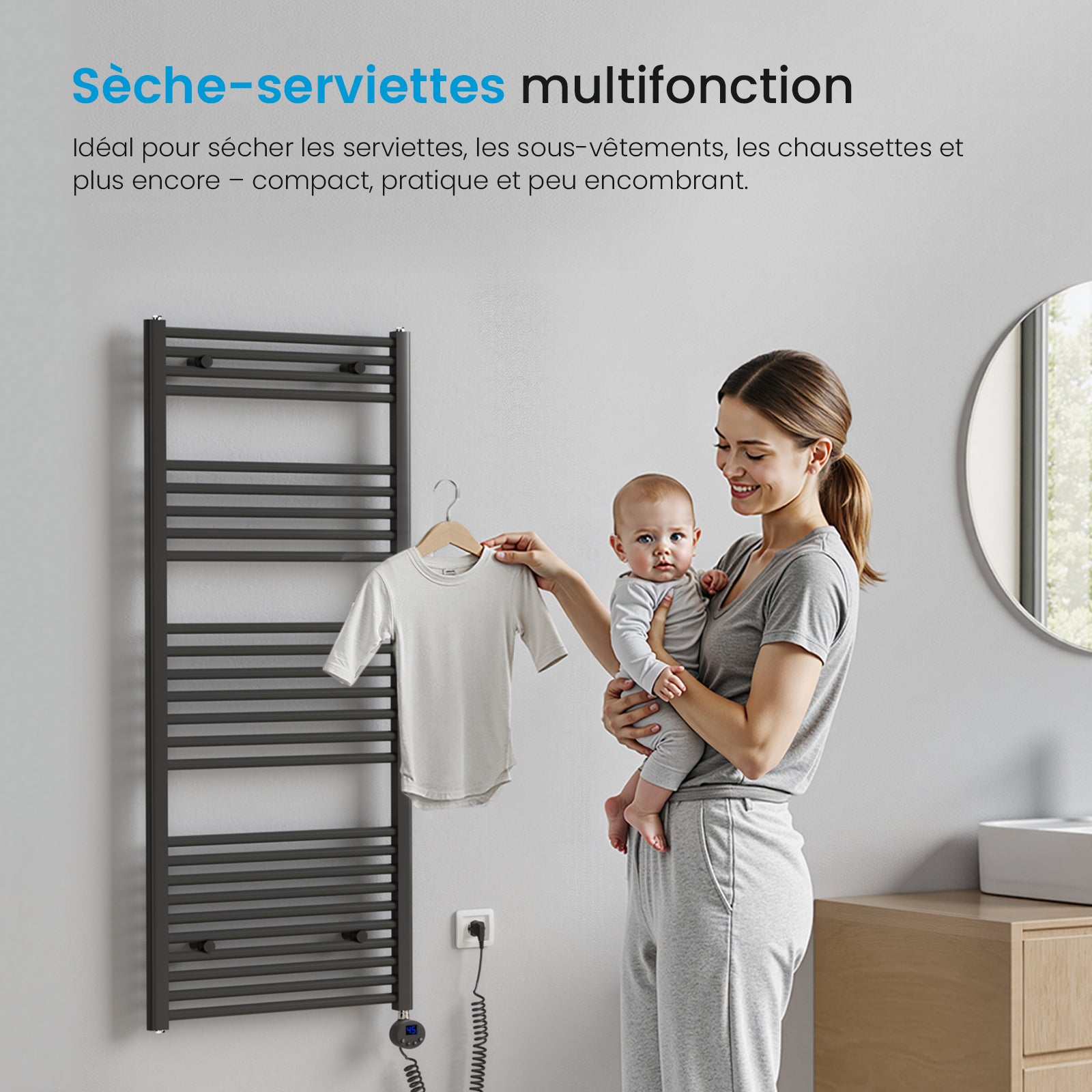 Heilmetz Sèche-Serviettes Electrique, Radiateur Sèche-Serviettes 70x40 cm Anthracite avec Timing Elément de Chauffage Electrique - 8