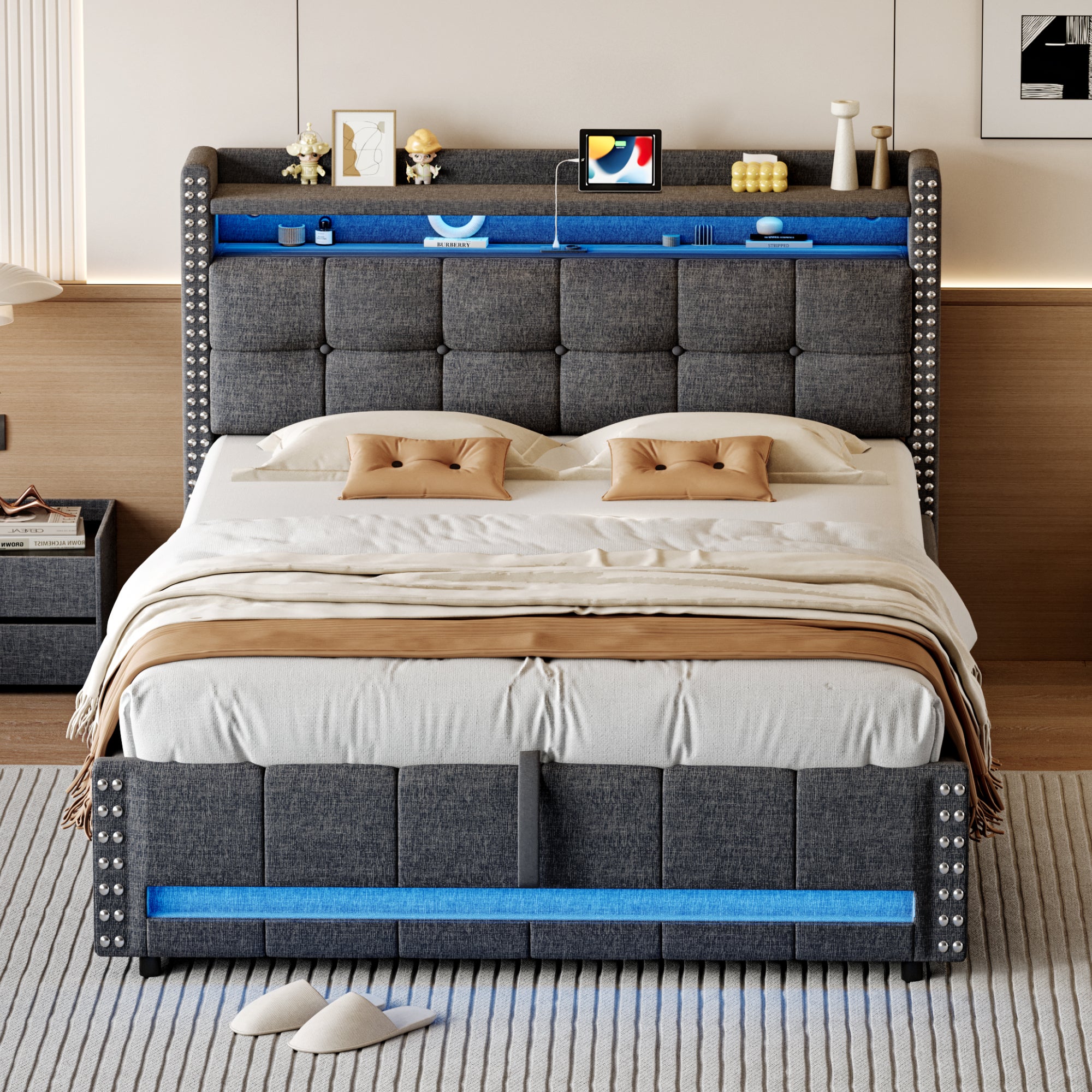 Cama con almacenaje de lino 140x200 cm - con LED y toma USB - con somier - Gris - 3