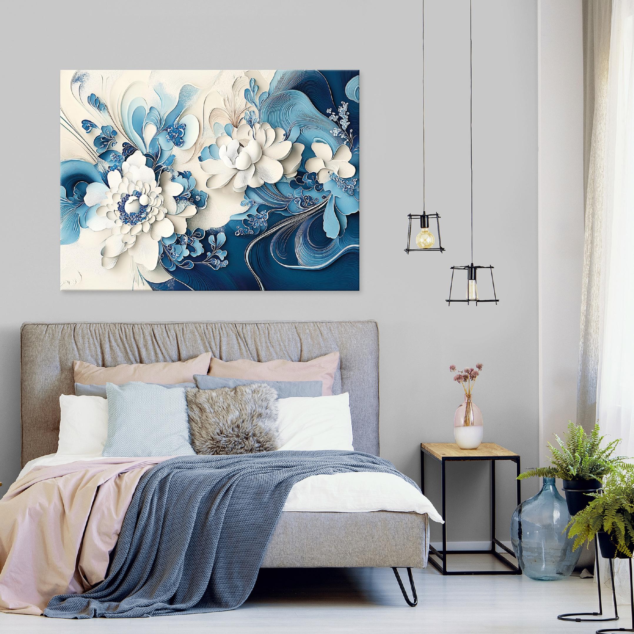 Tableau Toile 80x120 Cm Pivoine Bleue | Impression HD, Toile Imperméable | Décoration Murale Salon, Chambre, Bureau Sans Cadre - 2