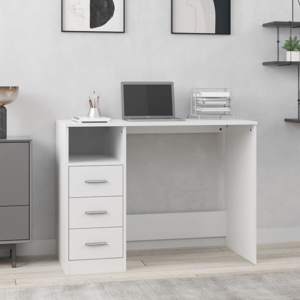 Bureau，Table de travail，Table d'étude avec tiroirs Blanc 102x50x76 cm Bois d'ingénierie CWV15147 - 2