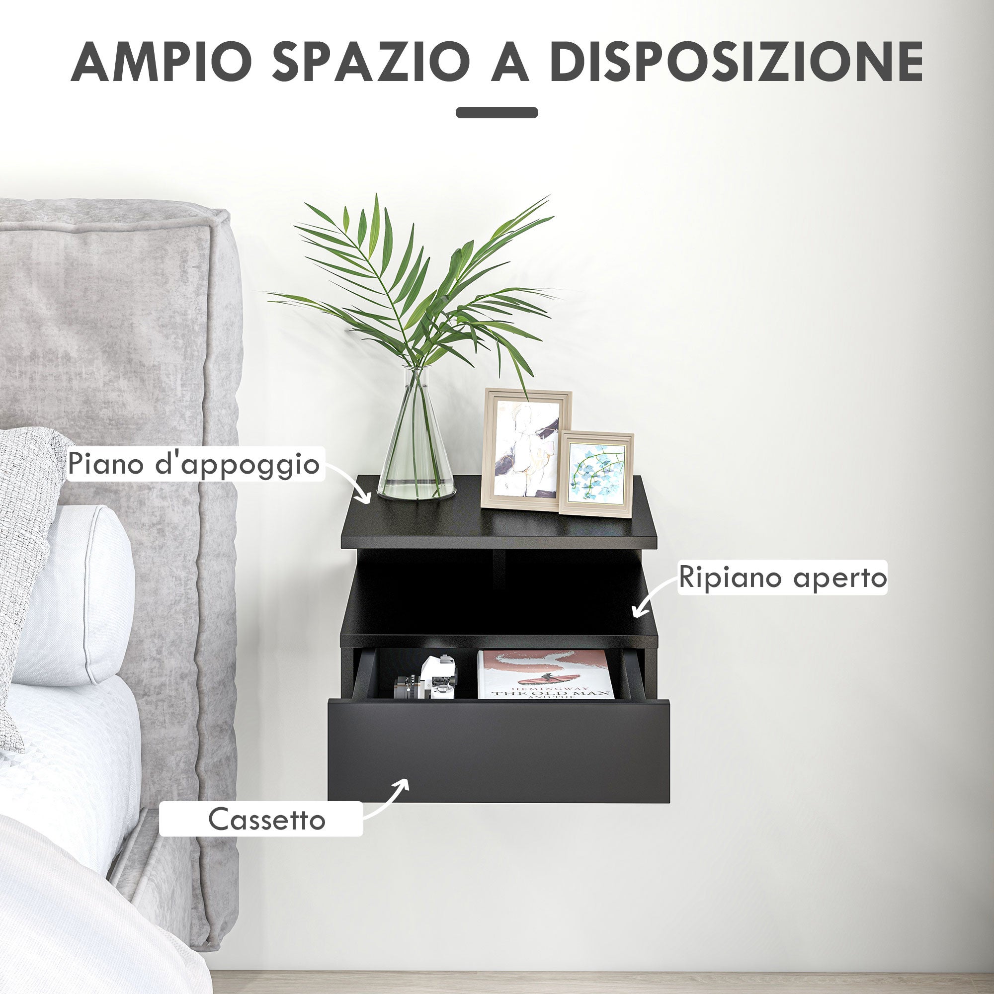 HOMCOM Set da 2 Comodini Moderni Sospesi per Camera da Letto con Cassetto e Mensola Superiore in Legno 35x32x22.5cm, Nero - 5