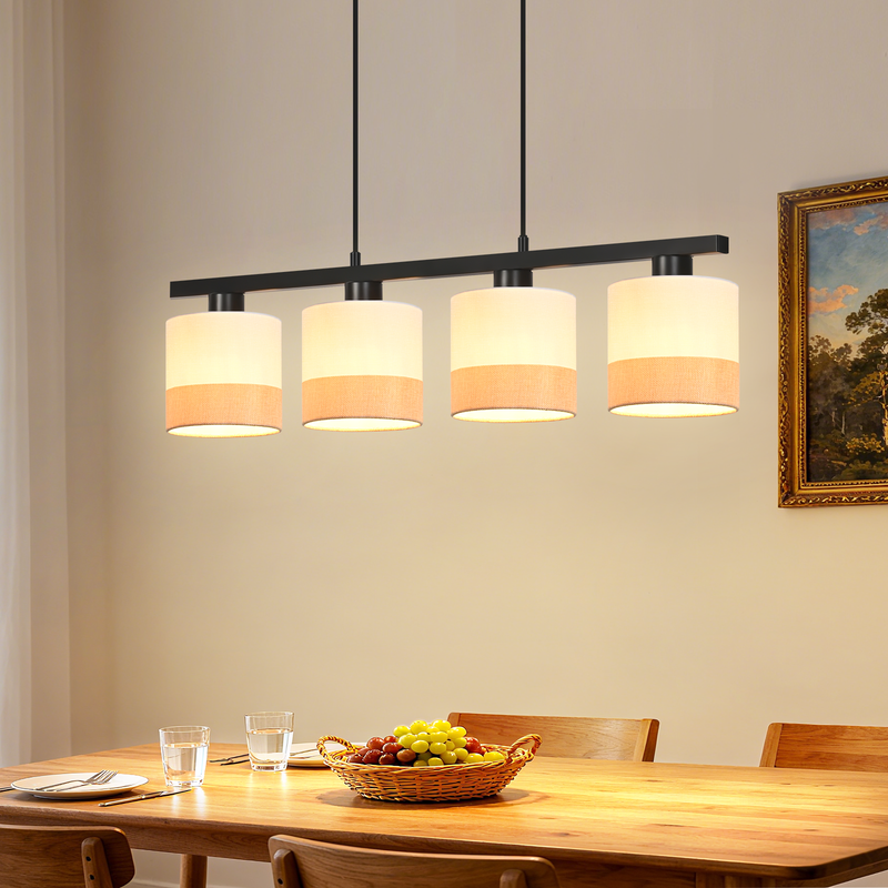 Nettlife Lampa Wisząca Vintage 4xE27, Żyrandol Tkanina, Regulowana, Retro do Salonu i Kuchni (Brak żarówek)
