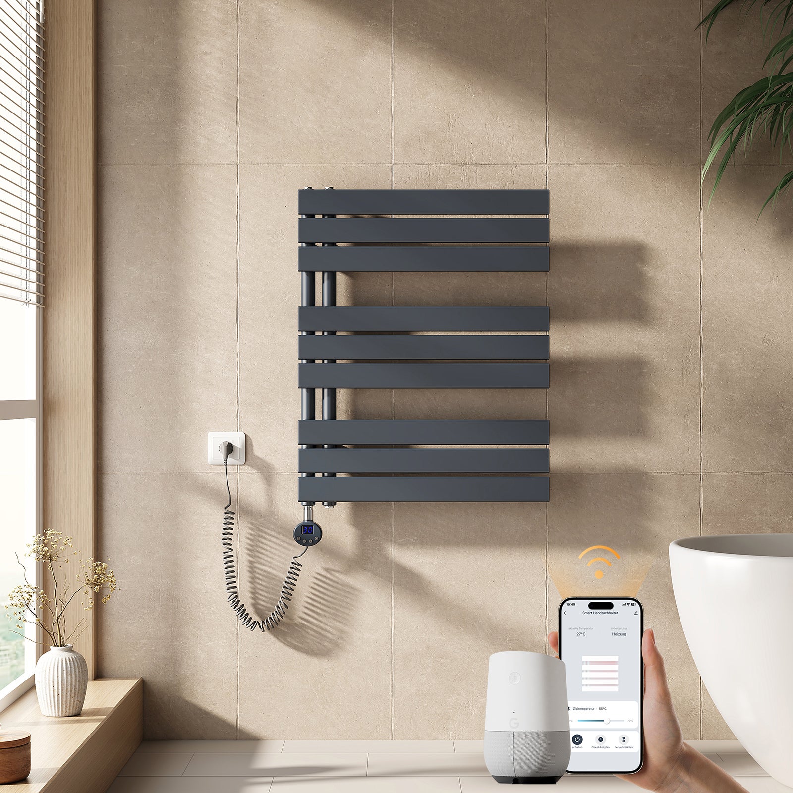 EMKE Grzejnik elektryczny łazienkowy 76x60cm - Inteligentne Sterowanie z Programatorem Tygodniowym w Aplikacji - 400W - Matowy Antracyt