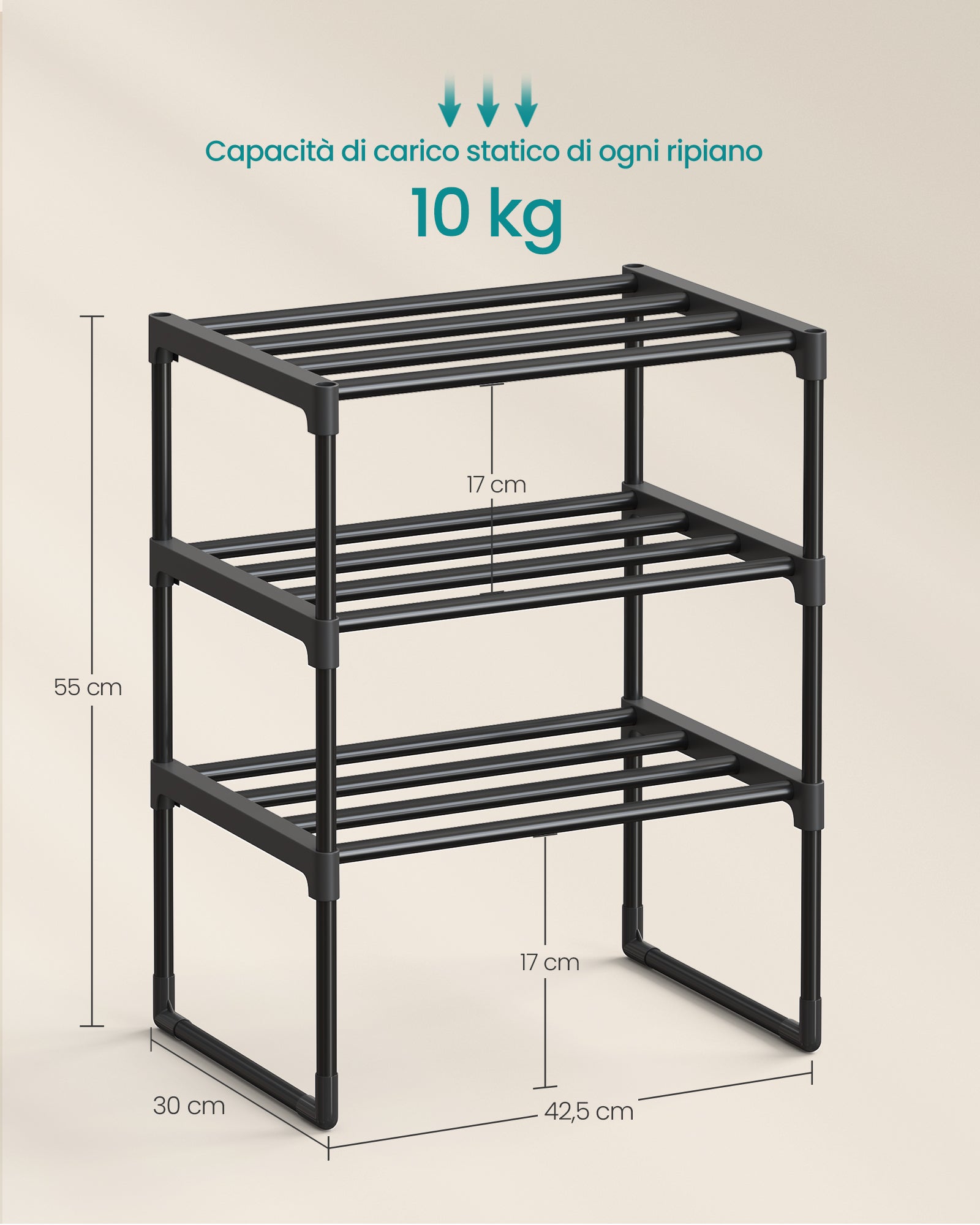 Scarpiera a 3 Ripiani, Scaffale Portascarpe in Metallo, per 4-8 Paia, Impilabile, 30 x 42,5 x 54,5 cm, Nero - 6