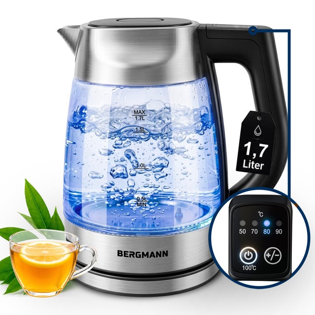 Czajnik elektryczny szklany BERGMANN FR002 1,7L 2200W regulacja temperatury pokrywa z wgłębieniem