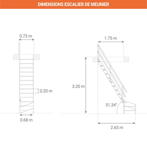 Escalier bois 15 marches - Hauteur à franchir 3.20m - Avec rampe - Largeur 0,68m - COTTAGEJ-LD-320 - 2