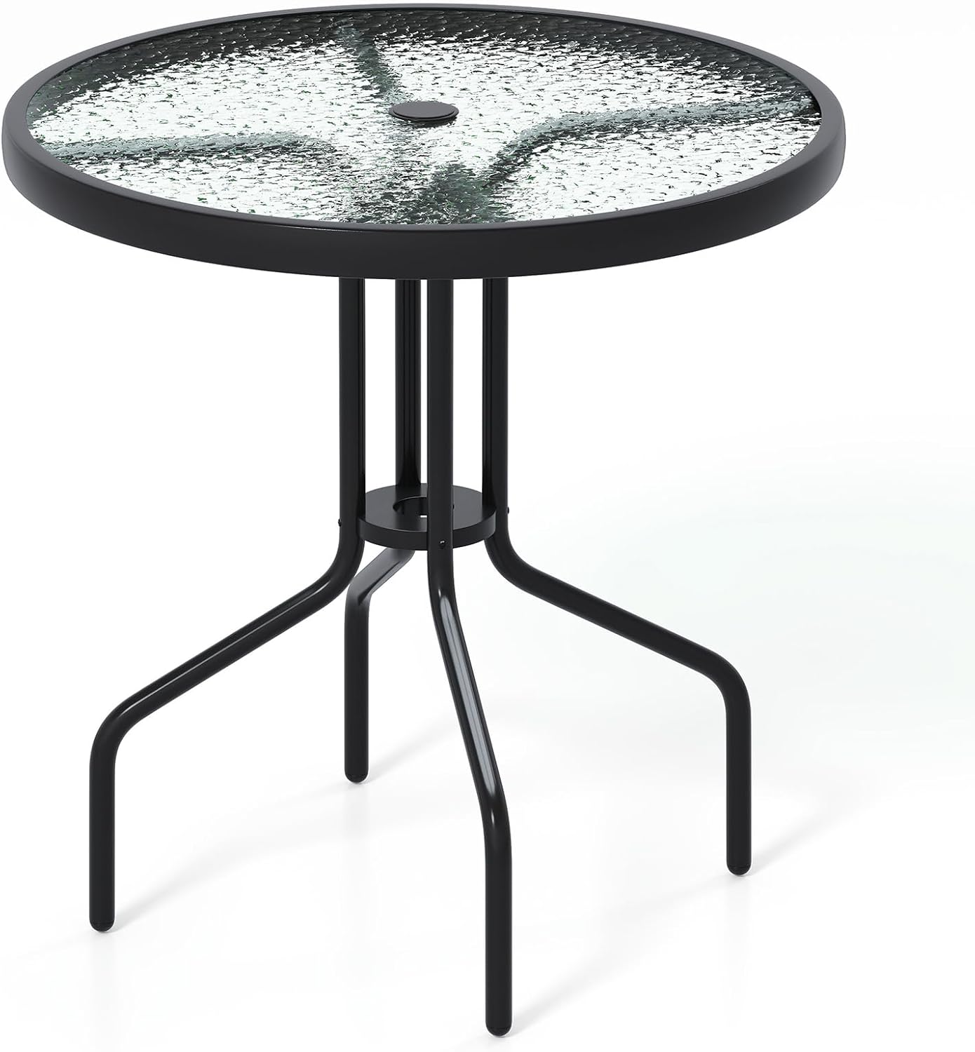 Stół Ogrodowy Typu Bistro, Okrągły Stół Jadalny o Średnicy 70 cm z Blatem ze Szkła Hartowanego i Otworem na Parasol o Średnicy 4 cm, Czarny, 70x70 cm