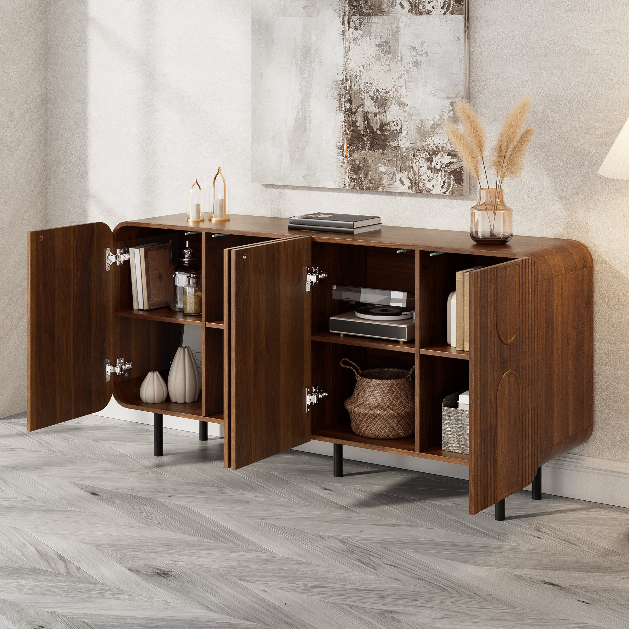 Buffet avec 4 portes et étagères réglables - 160 x 40 x 79 cm - MDF et panneaux de particules - Pieds en métal - Design mid-century - Noyer - 8
