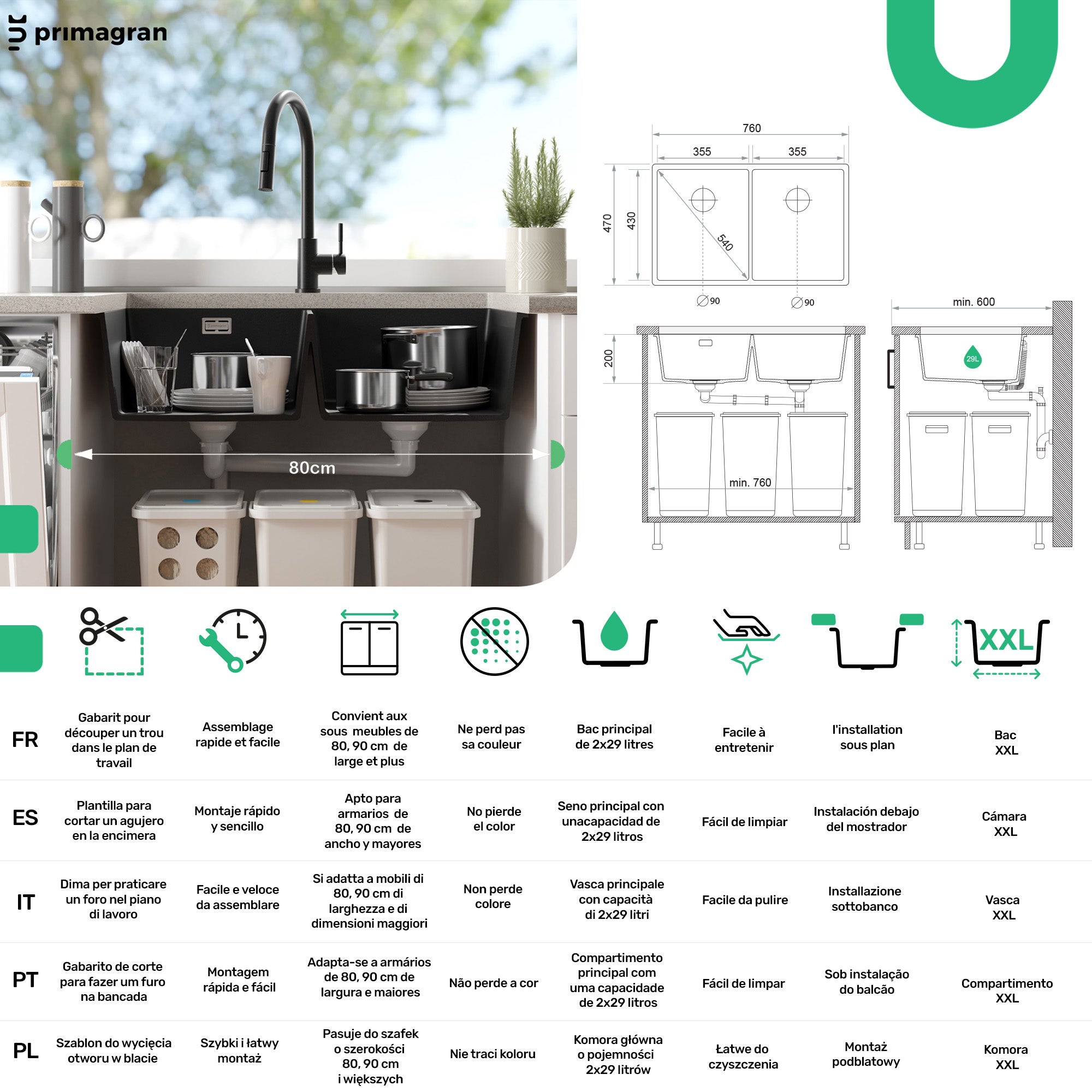 Lava-louça de encastrar Branco 76x47cm, Pia de Cozinha 2 cubas + Kit de drenagem, Pia em Granito em armários de 80cm - Madrid PRIMAGRAN - 6