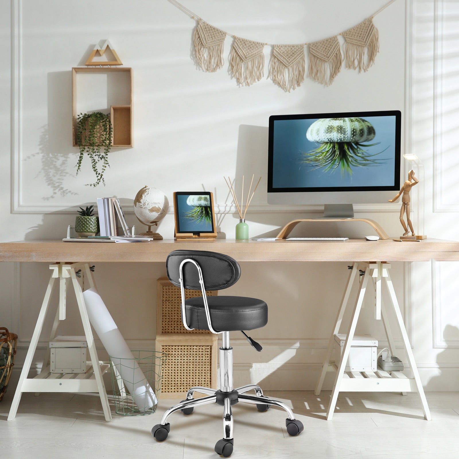 CASARIA® Tabouret à roulettes noir avec dossier confortable pivotable 360° réglable en hauteur avec repose-pieds bureau - 3