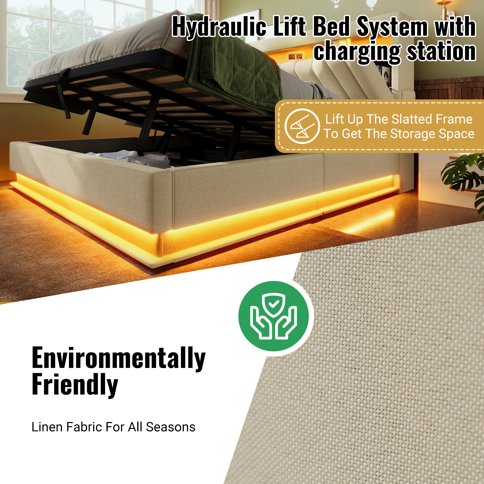 Cama con almacenamiento adulto 140x200 cm, cama doble con USB, Type-C, LED y almacenamiento, en lino, beige - 9