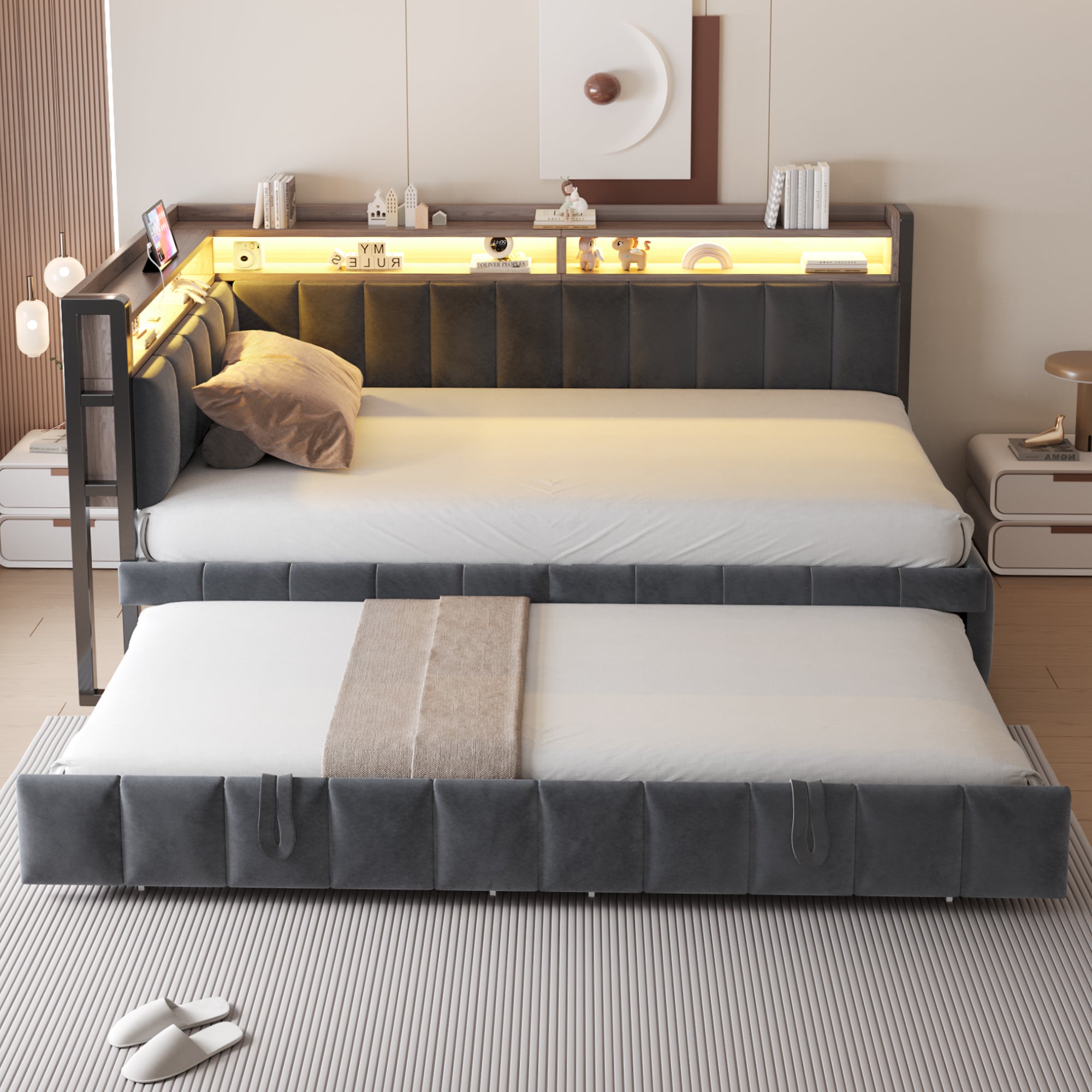 Tapicerowana sofa z łóżkiem 90x200 cm - Z wysuwanym łóżkiem - oświetlenie LED - porty USB i Type-C - ciemnoszary (materac nie jest dołączony)