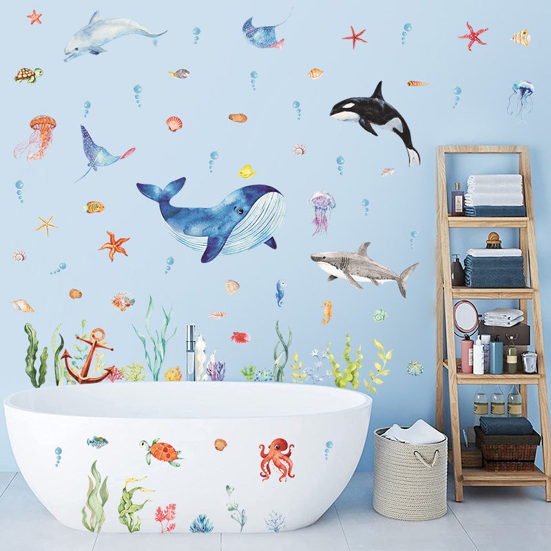 Stickers Muraux Sous la Mer Poissons Tropicaux Autocollants Muraux Mural Stickers Tortue Océan Algues pour Chambre Enfants Pépinière Salle de Bain - 4