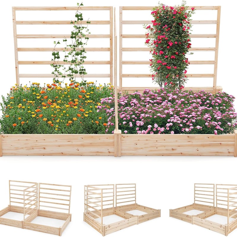 Podwyższona Donica z Kratką, Drewniana Donica Ogrodowa z Przegrodami na Kwiaty, Pnącza, do Ogrodu, Patio