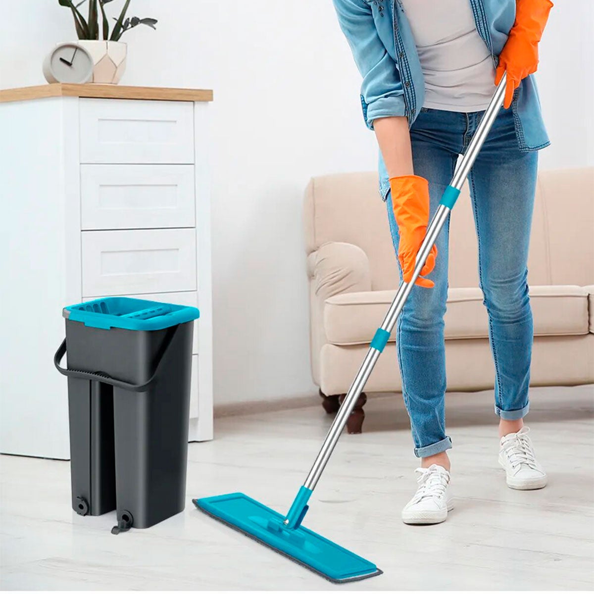 Serpillère Seau Essoreur, Serpillière Plat Rotatif 360° avec Seau Double Compartiment Humide à Sec, Balai Microfibre et Seau Essoreur, Vadrouille pour Divers Planchers (Vert