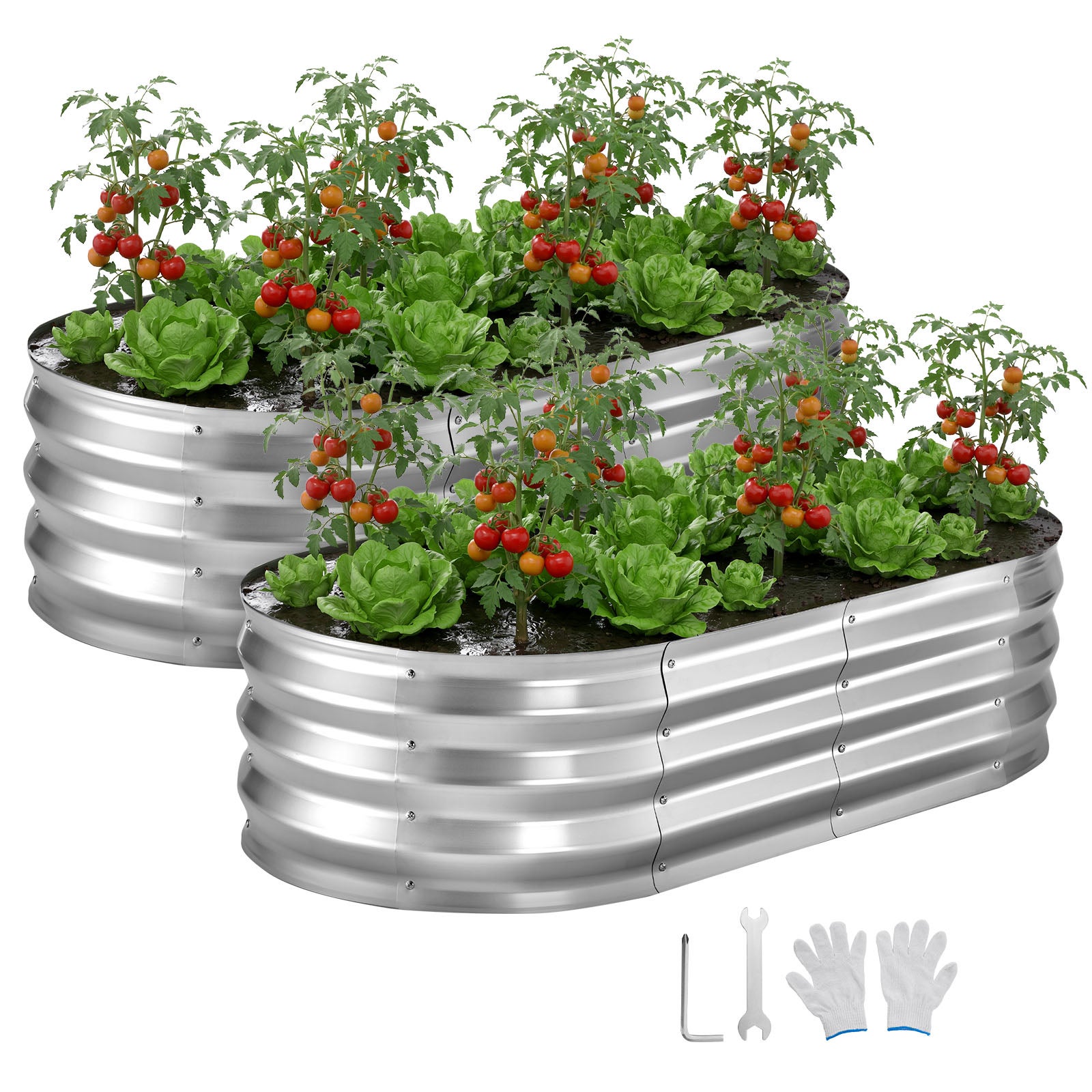 Gradina de legume inaltata Metal VEVOR 120x60x30cm Set de 2 paturi de gradina ovale, bază deschis, aluminiu galvanizat-zinc, manusi, argintiu 2buc