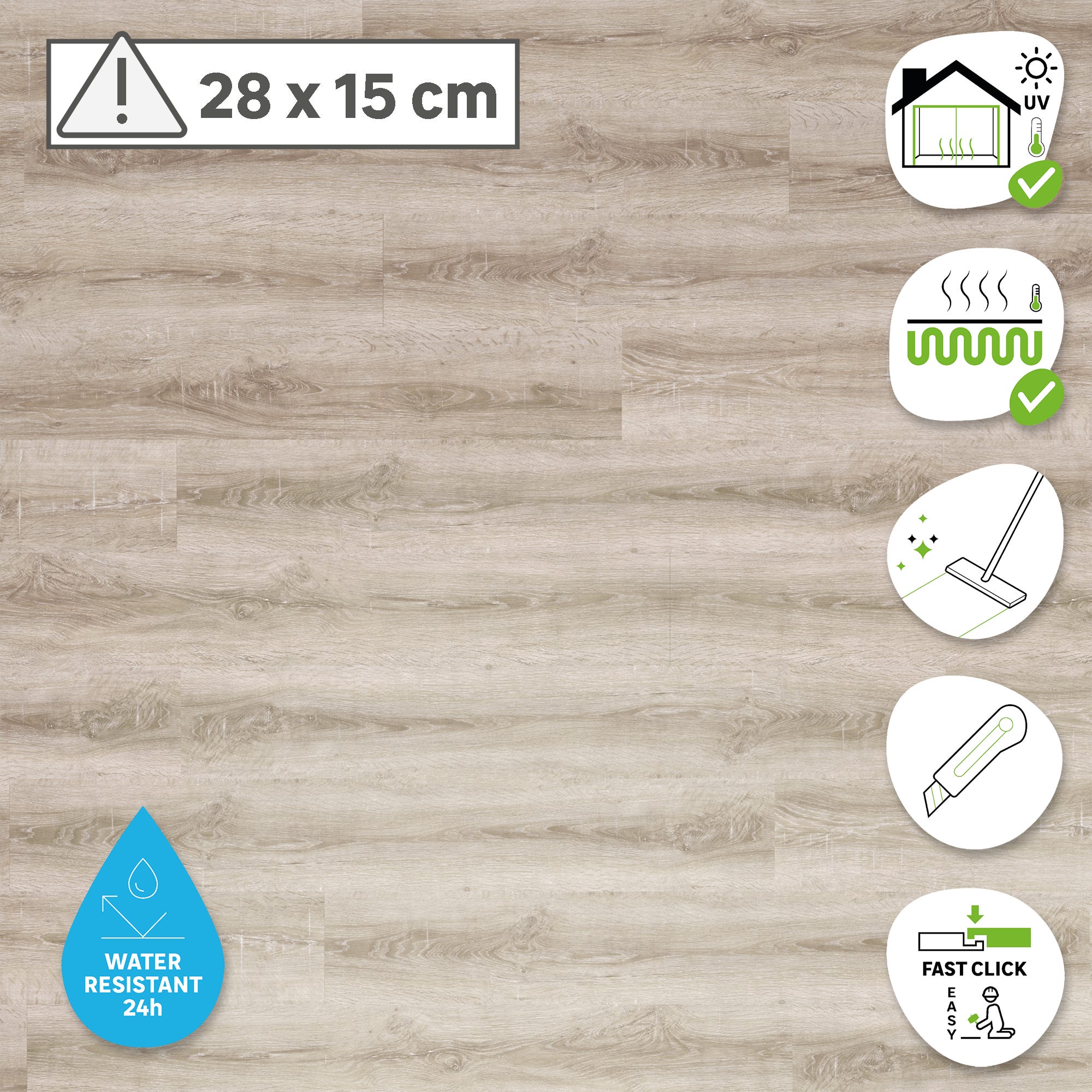 ARTENS - Amostra de tábua de PVC - 28 x 15 cm - Piso de PVC clipável TELMEN2 - INTENSO - Efeito madeira - Bege claro - Espessura 4,5 mm - Classe 33 - 2