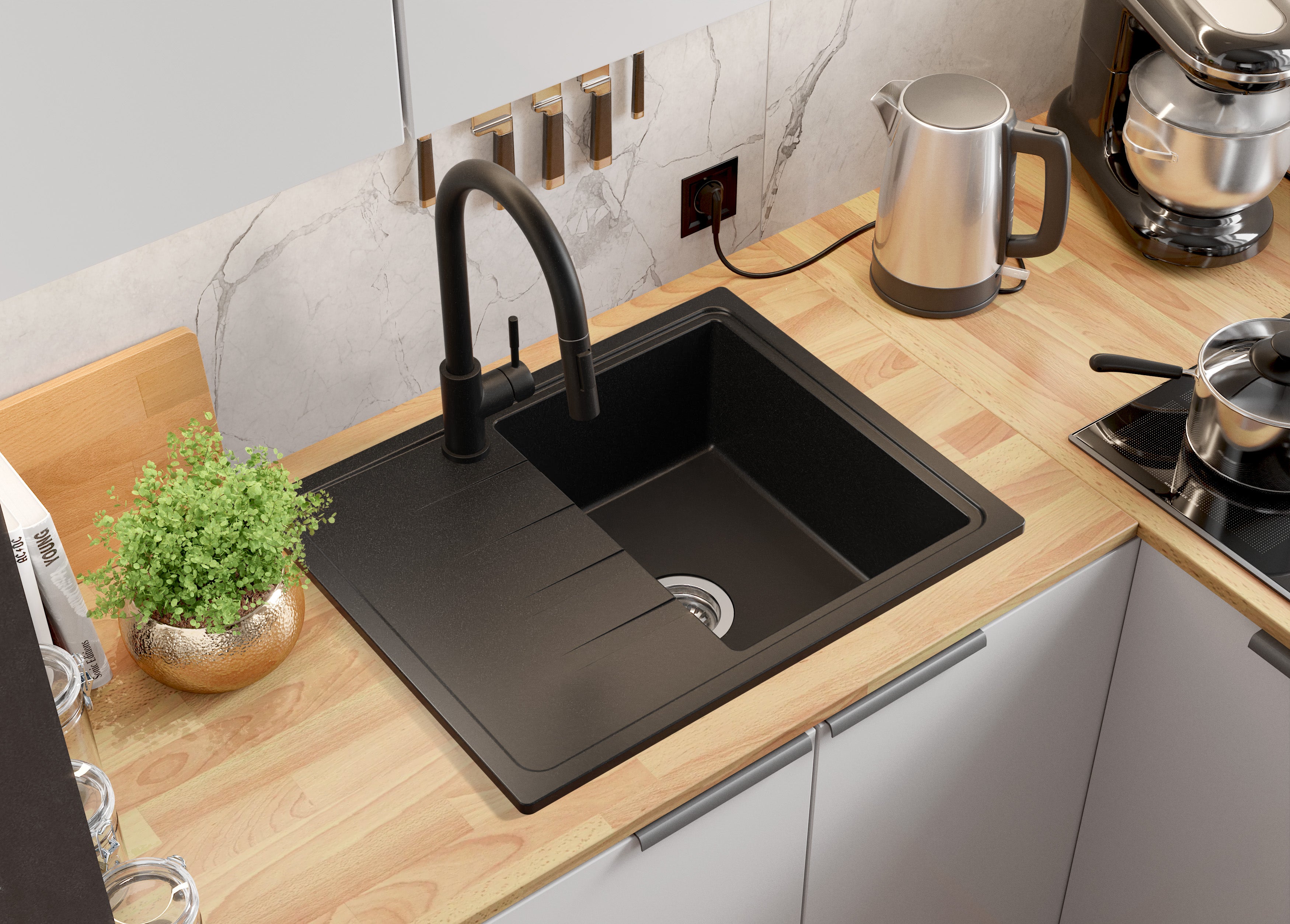 Evier Cuisine en Granit Noir 62x50cm, Lavabo 1 bac + Kit de Vidage, Évier à Encastrer au meuble 40cm - Milan PRIMAGRAN - 2