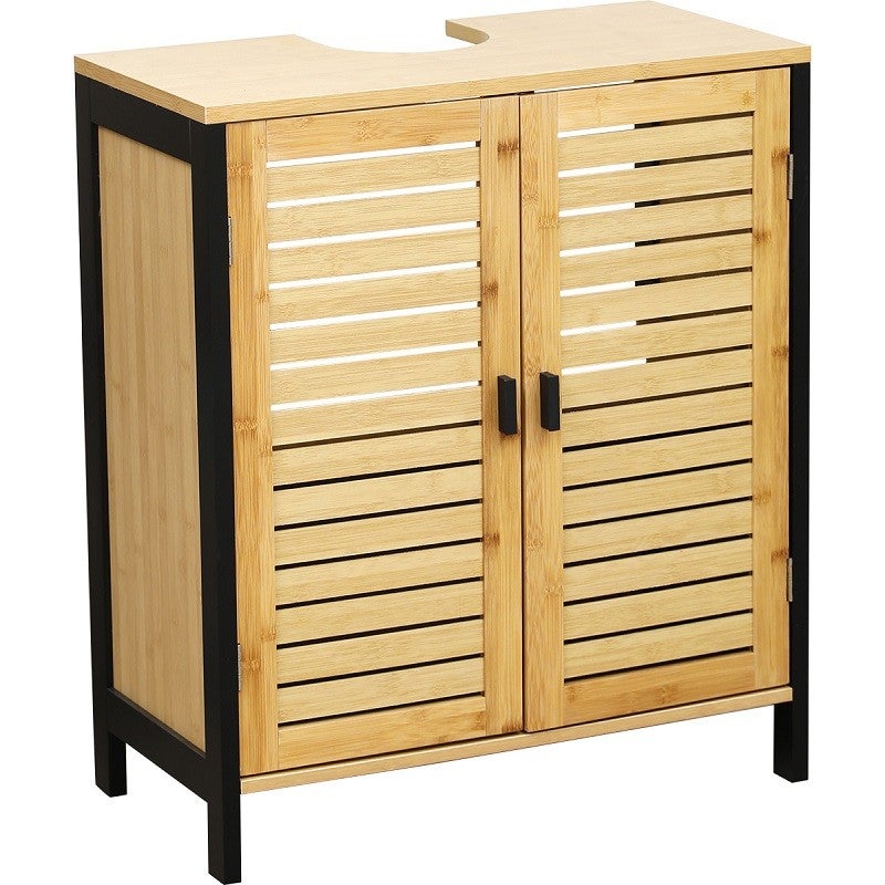 Meuble Sous Lavabo En Bambou 60x30x60 Cm - 2 Portes Avec étagères - Plan De Travail Compatible Tout Lavabo - Salle De Bain