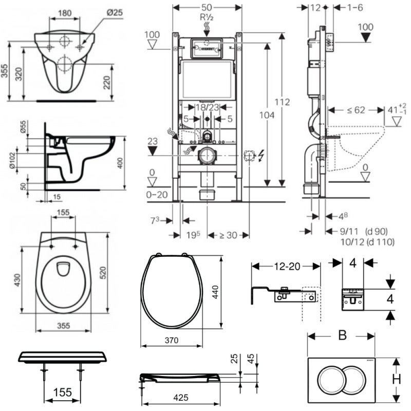 Pack WC Bati-support Geberit Duofix + Cuvette suspendue Porcher sans bride + Abattant Ideal Standard ASTOR + Plaque blanche (Por - 5