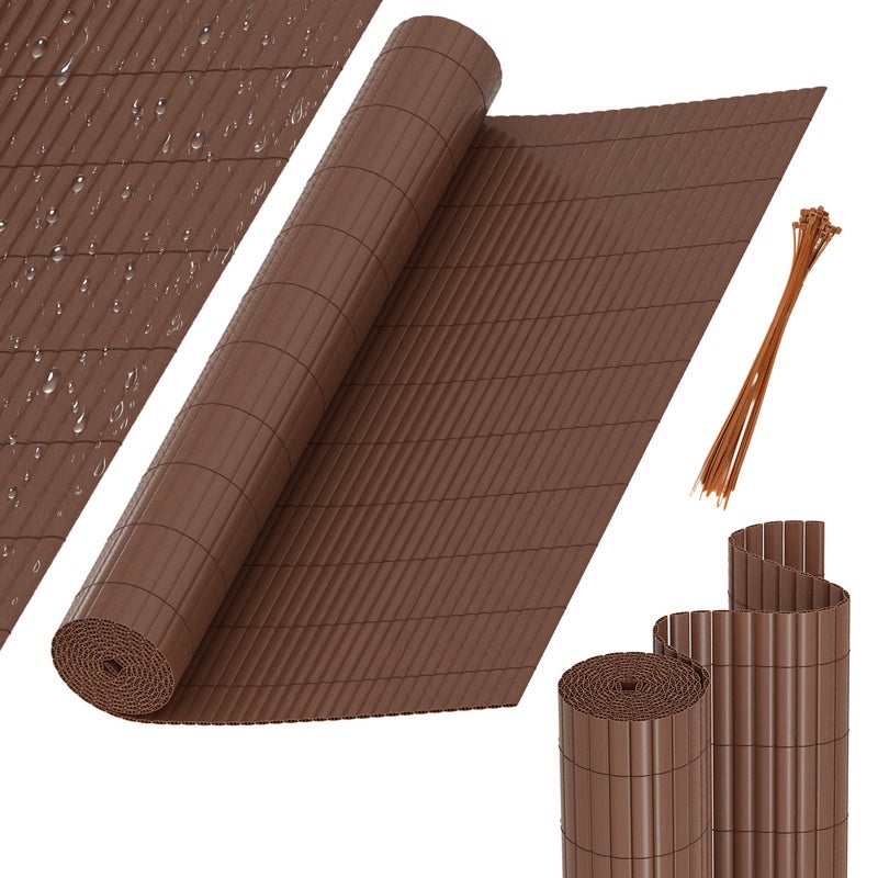 Siatka trzcinowa z PVC na balkony, tarasy i do ogrodu. Brązowa osłona przeciwwiatrowa na balkony, 80 x 800 cm.