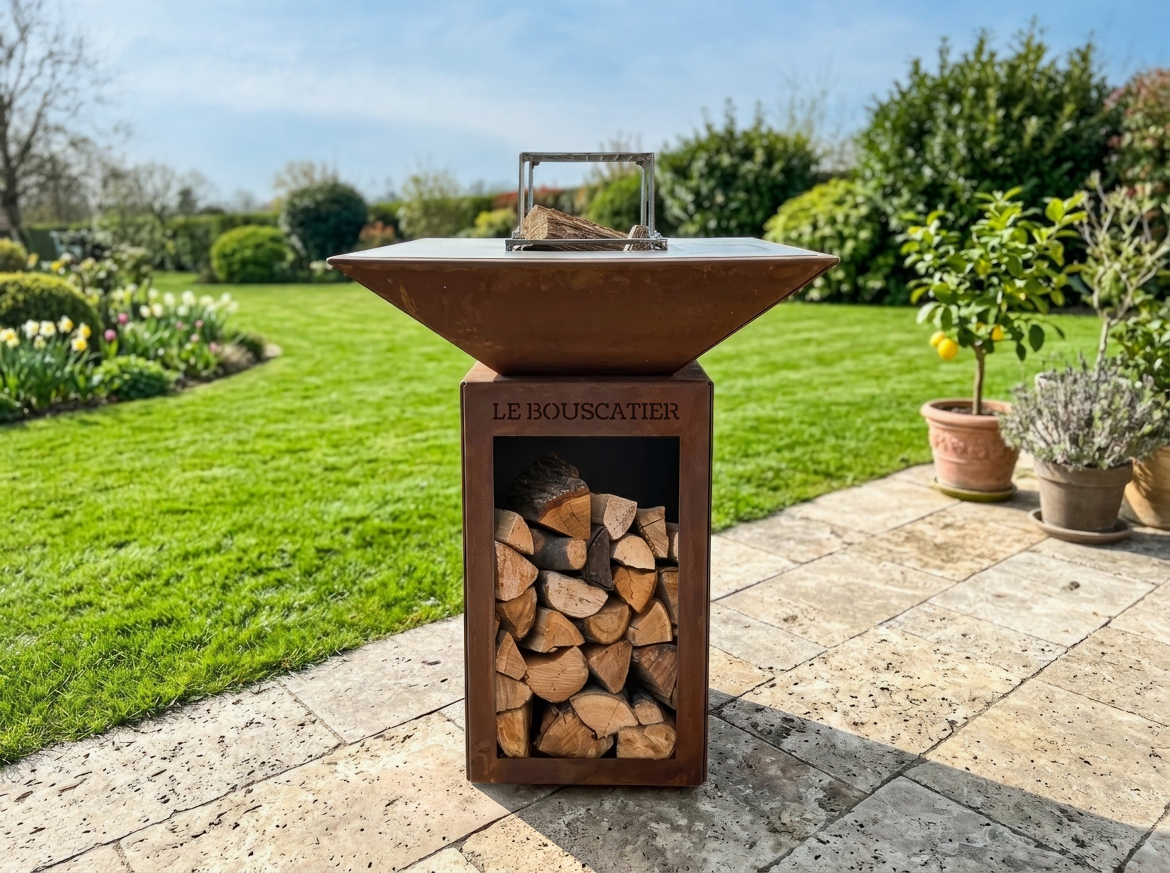 Lou Provençau carré 62x62x75cm - Brasero plancha en acier corten avec rangement bûches - grille de cuisson, stop food et kit d'allumage offert - 7
