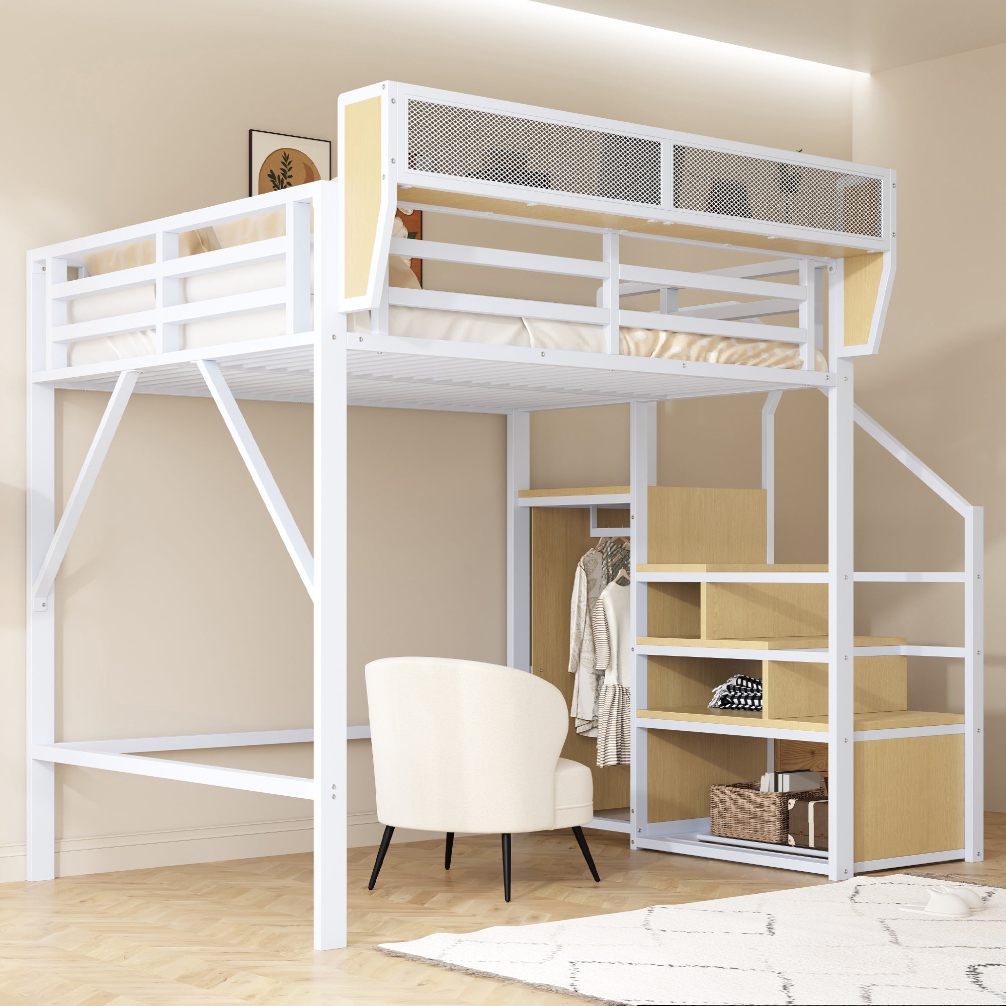 Letto A Soppalco 140x200 Con Scala E Ripiani – Struttura Metallica, Per Bambini E Adulti