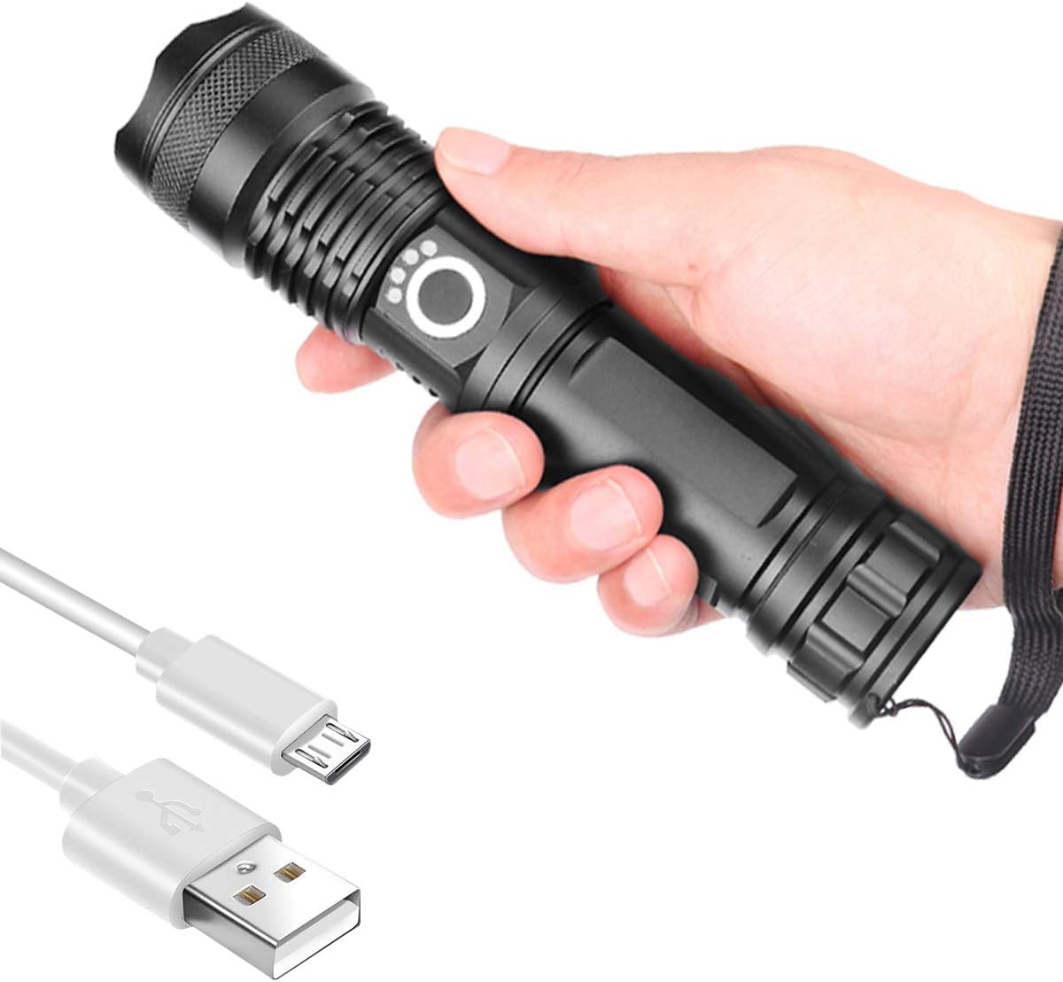 Taktyczna latarka z regulowaną ogniskową wodoodporna ładowalna latarka LED do aktywności na świeżym powietrzu lub prezent trybów kabel USB w zestawie
