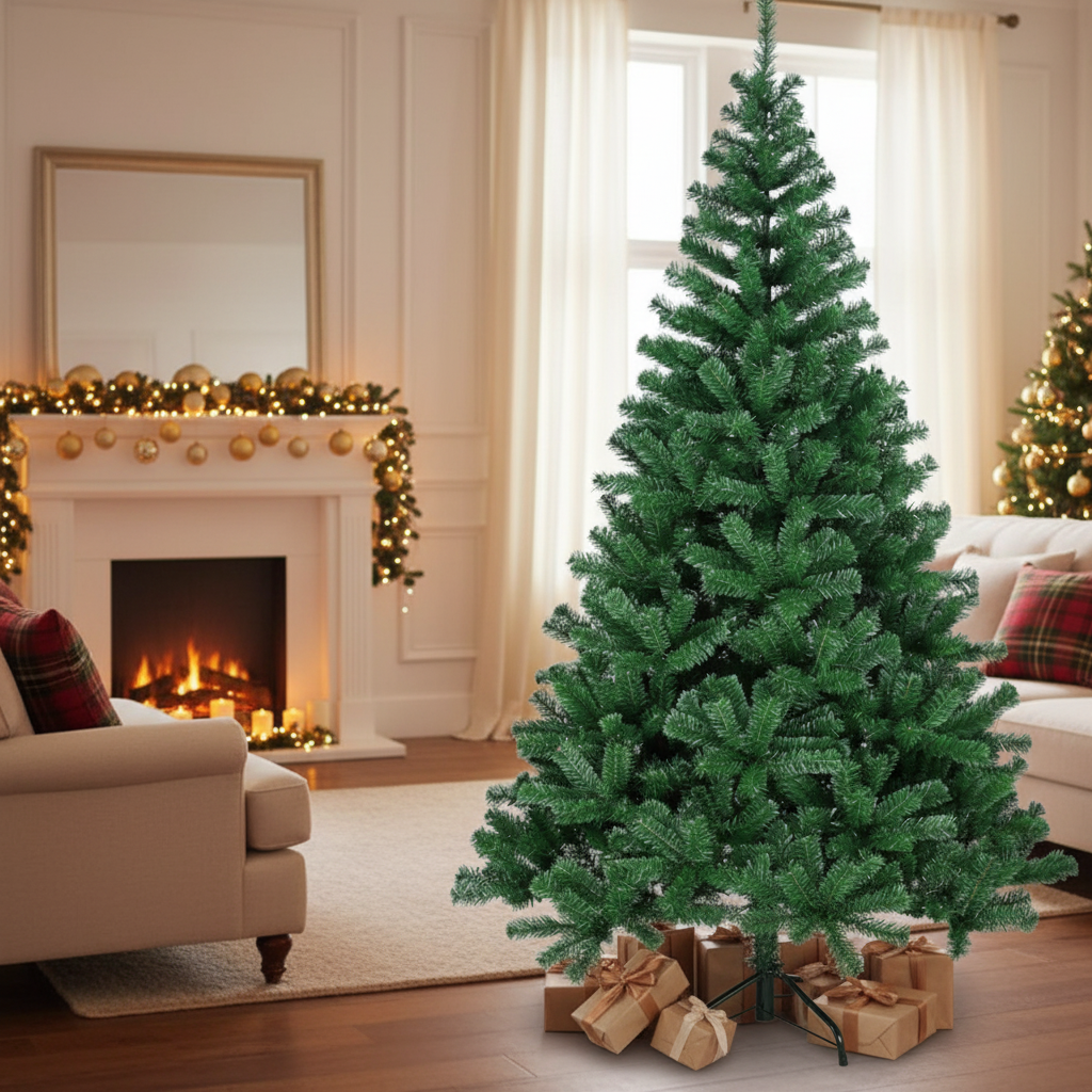 Árbol de Navidad Verde Artificial 210cm de Hoja Espumillón Arboles Soporte Metálico - 3