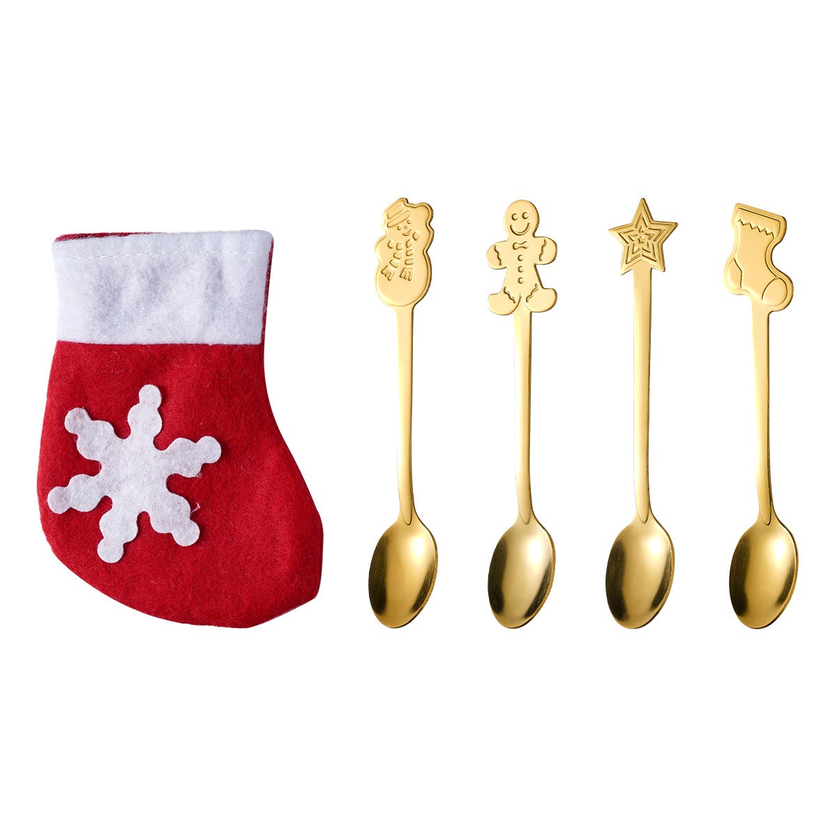 Sztućce świąteczne - Złote - Łyżeczka deserowa ze stali nierdzewnej - 4 sztuki - W zestawie mała skarpeta świąteczna